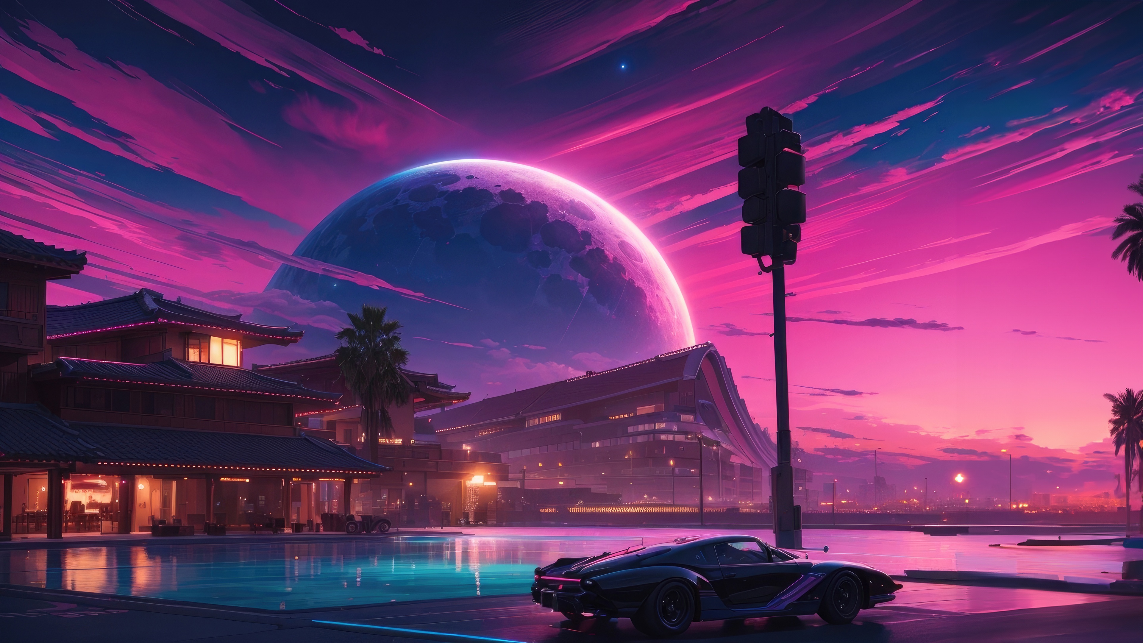 Cyberpunk Cityscape with Giant Moon and Sports Car HD Wallpaper