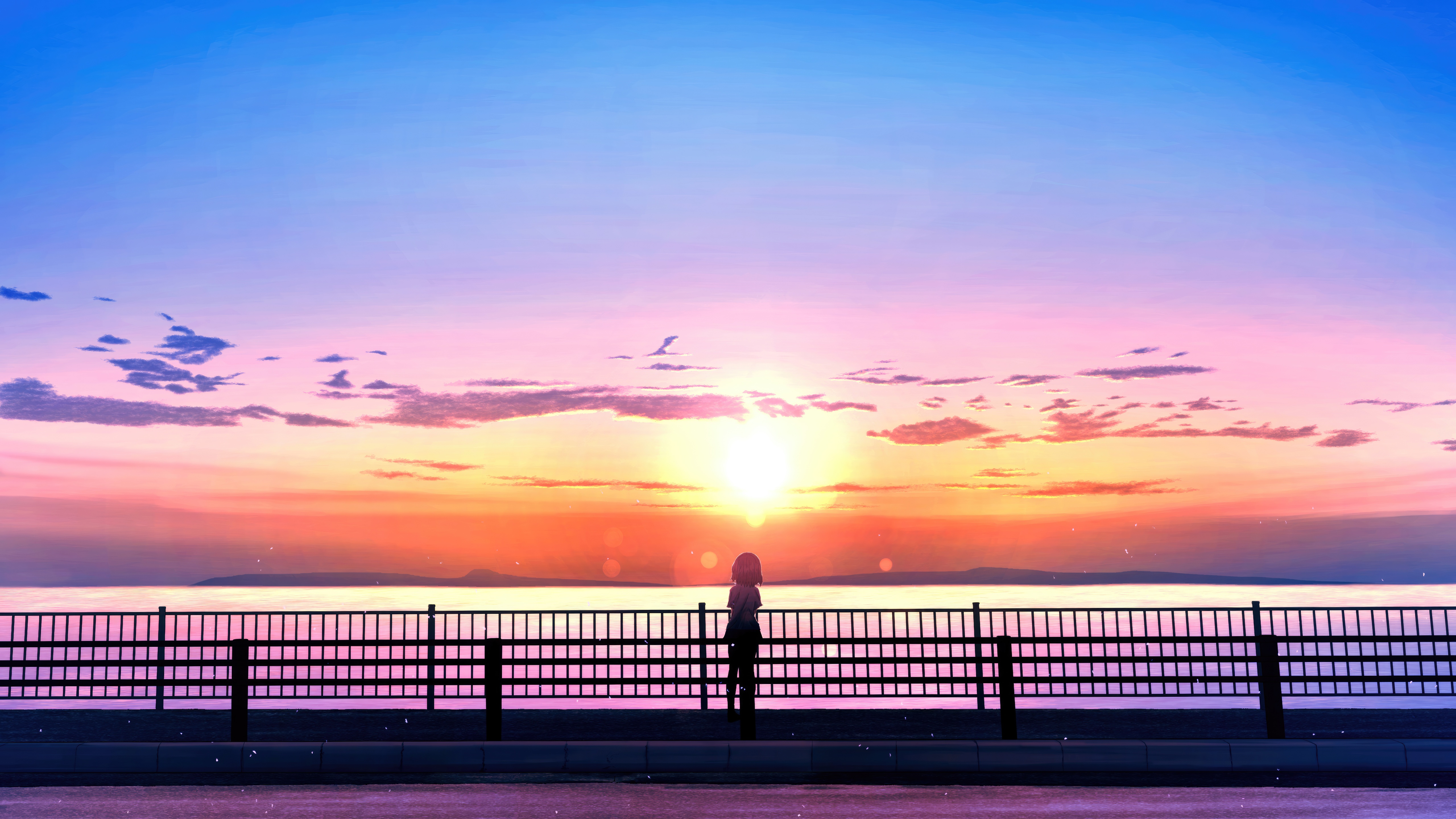 Girl watching sunset over the ocean from a bridge HD Wallpaper