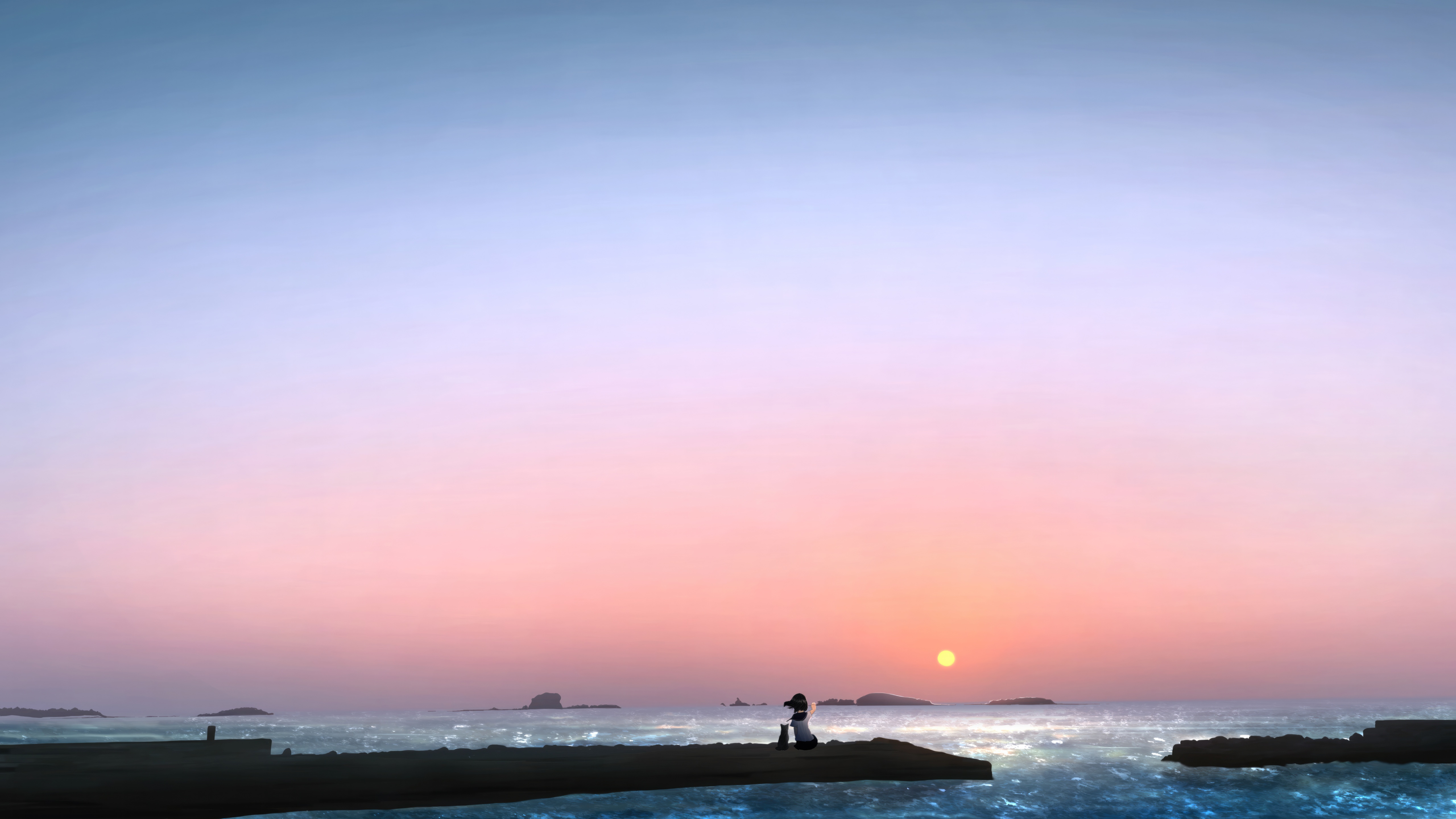 Girl and Dog Cherishing Moments by the Sea at Sunset HD Wallpaper