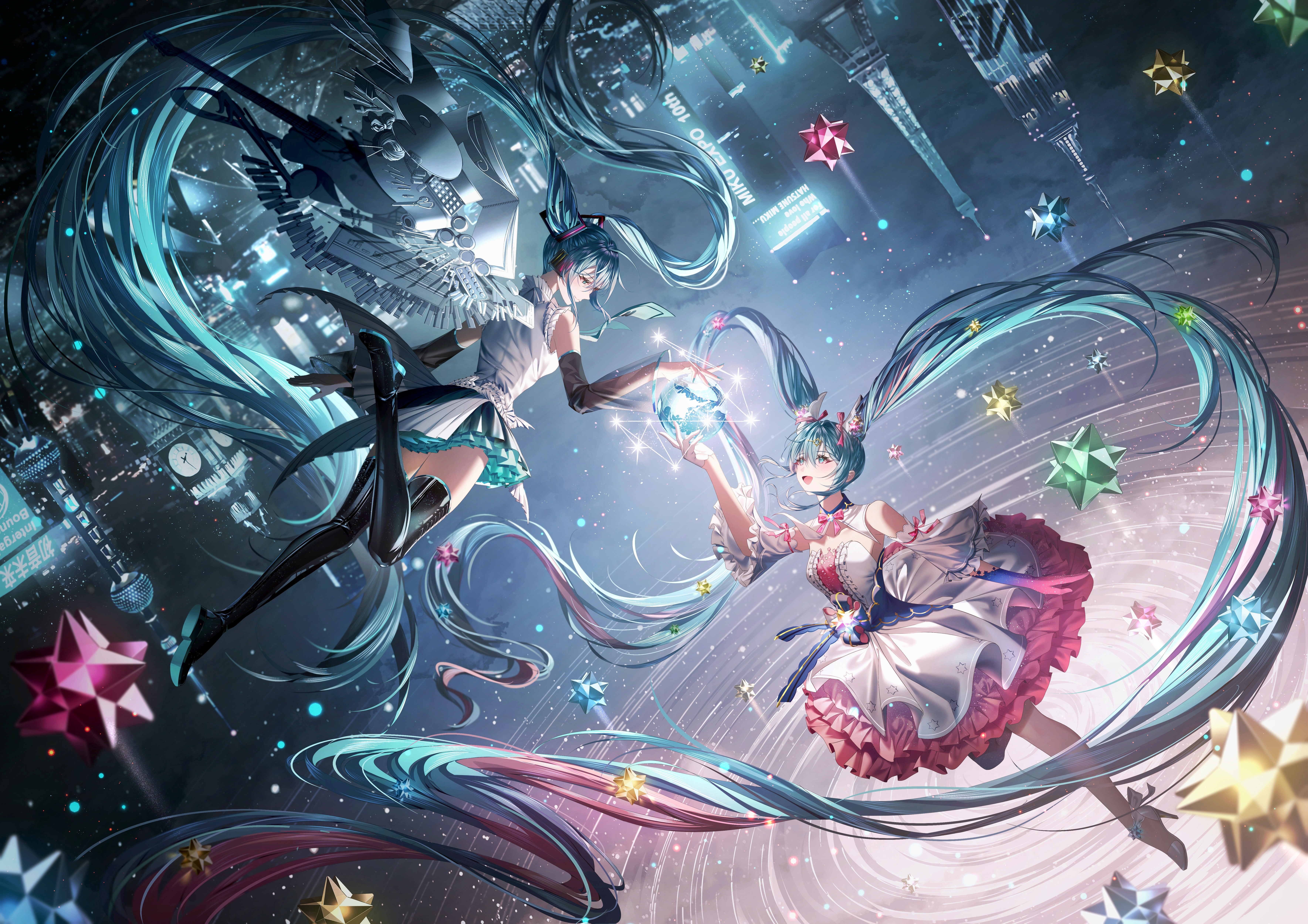 Hatsune Miku and her alternate self in a futuristic city HD Wallpaper