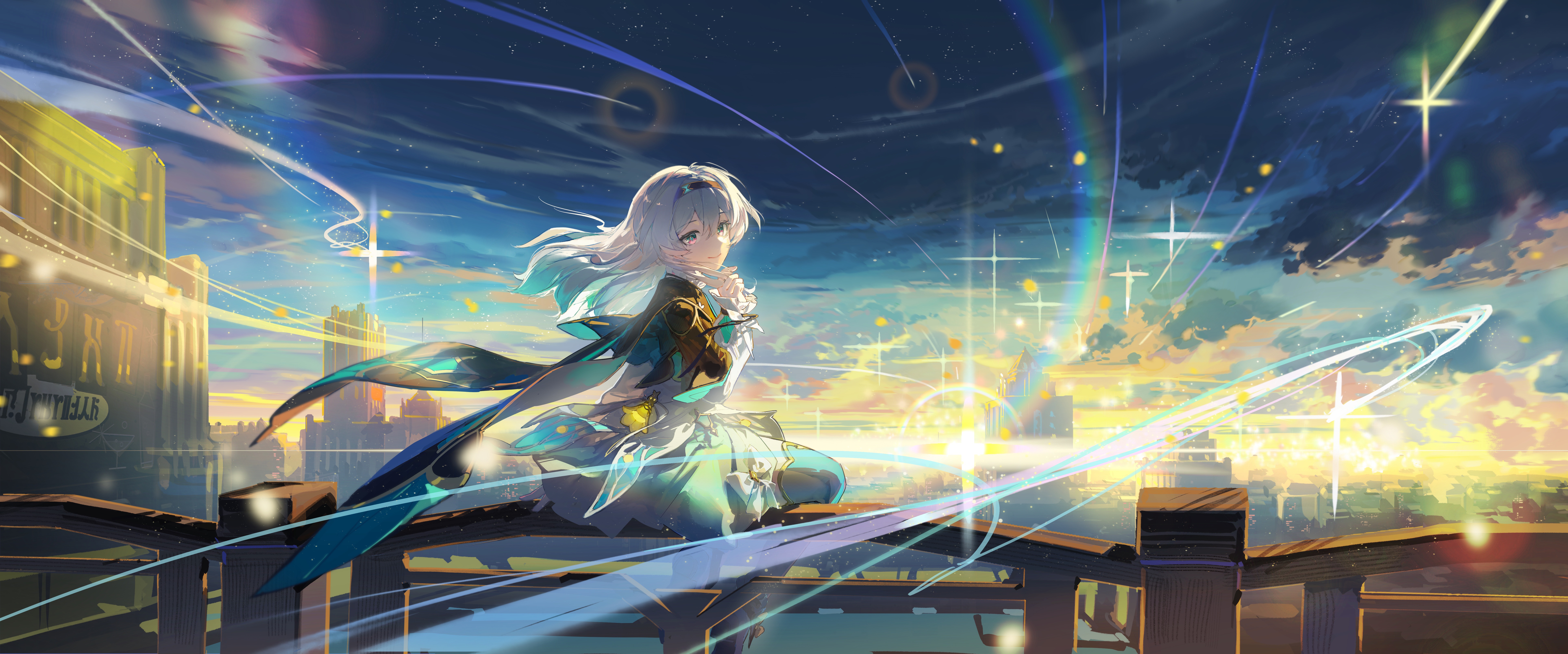 Firefly in Honkai Star Rail overlooking a city at sunset HD Wallpaper