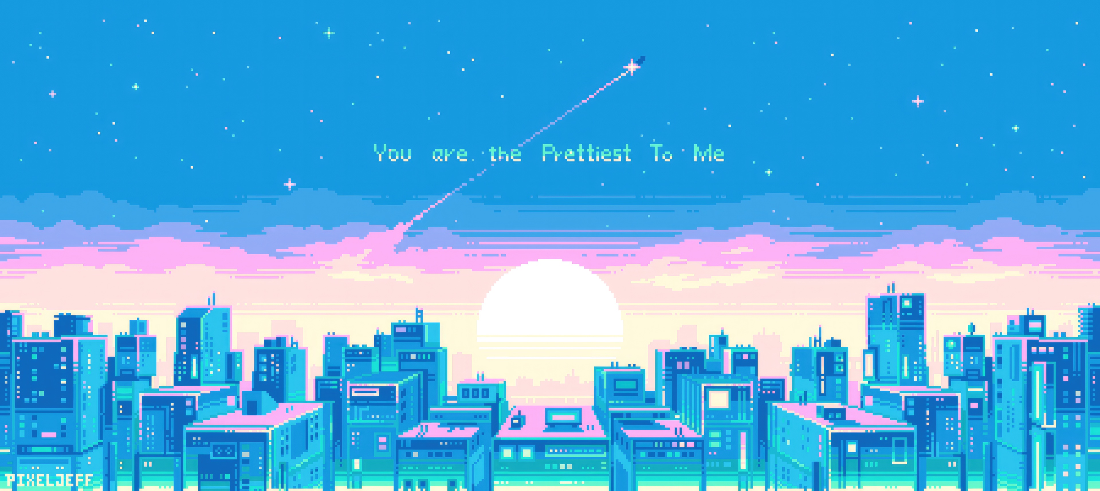 Pixel Art Cityscape with Sunset and Text HD Wallpaper