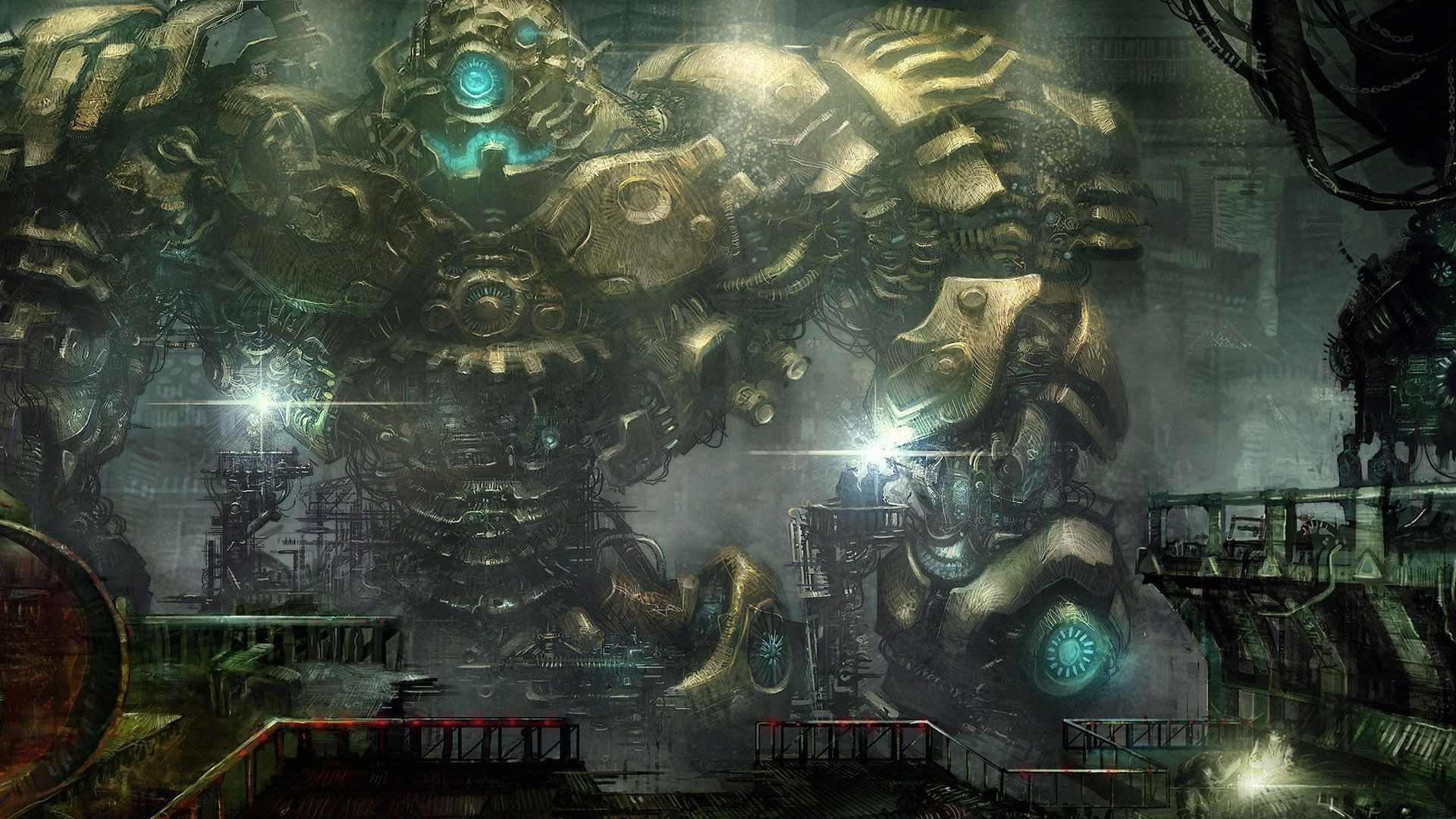 Massive steampunk robot in a dark industrial setting HD Wallpaper