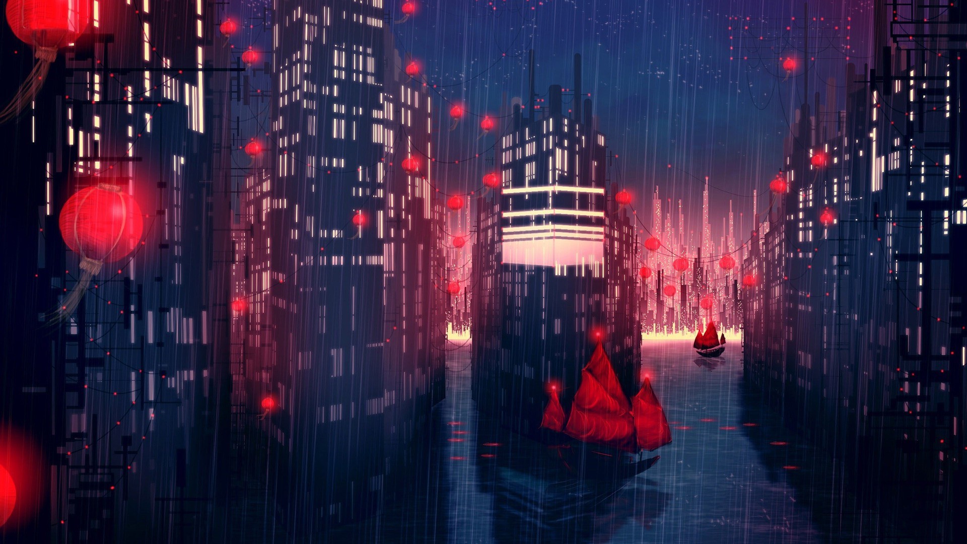 Rainy Cityscape with Red Lanterns and Boats HD Wallpaper