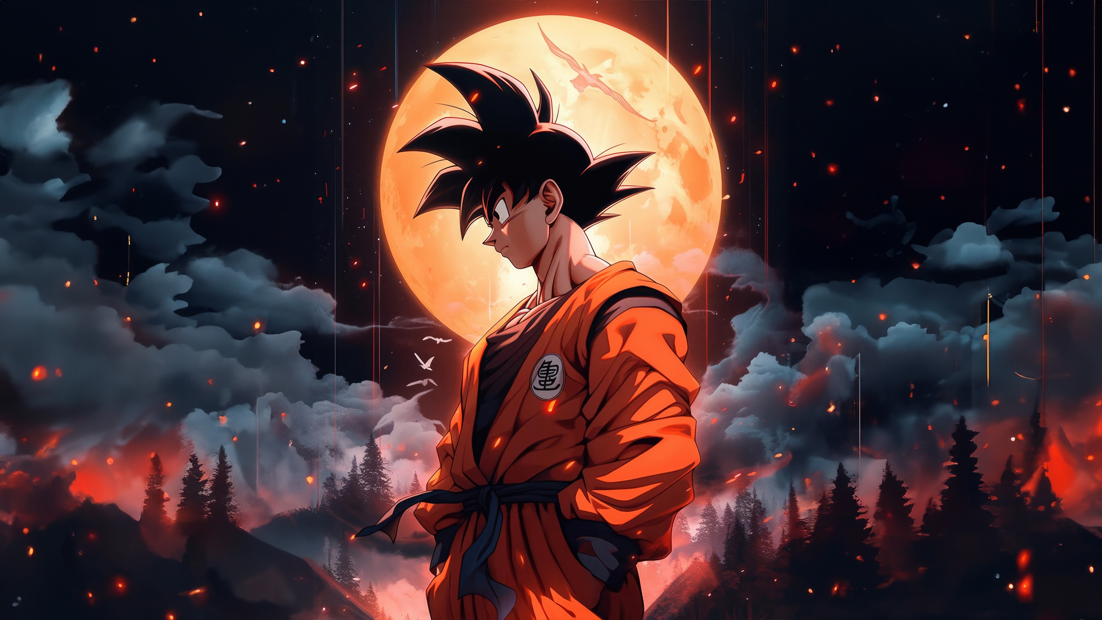 Goku in front of a large orange moon HD Wallpaper