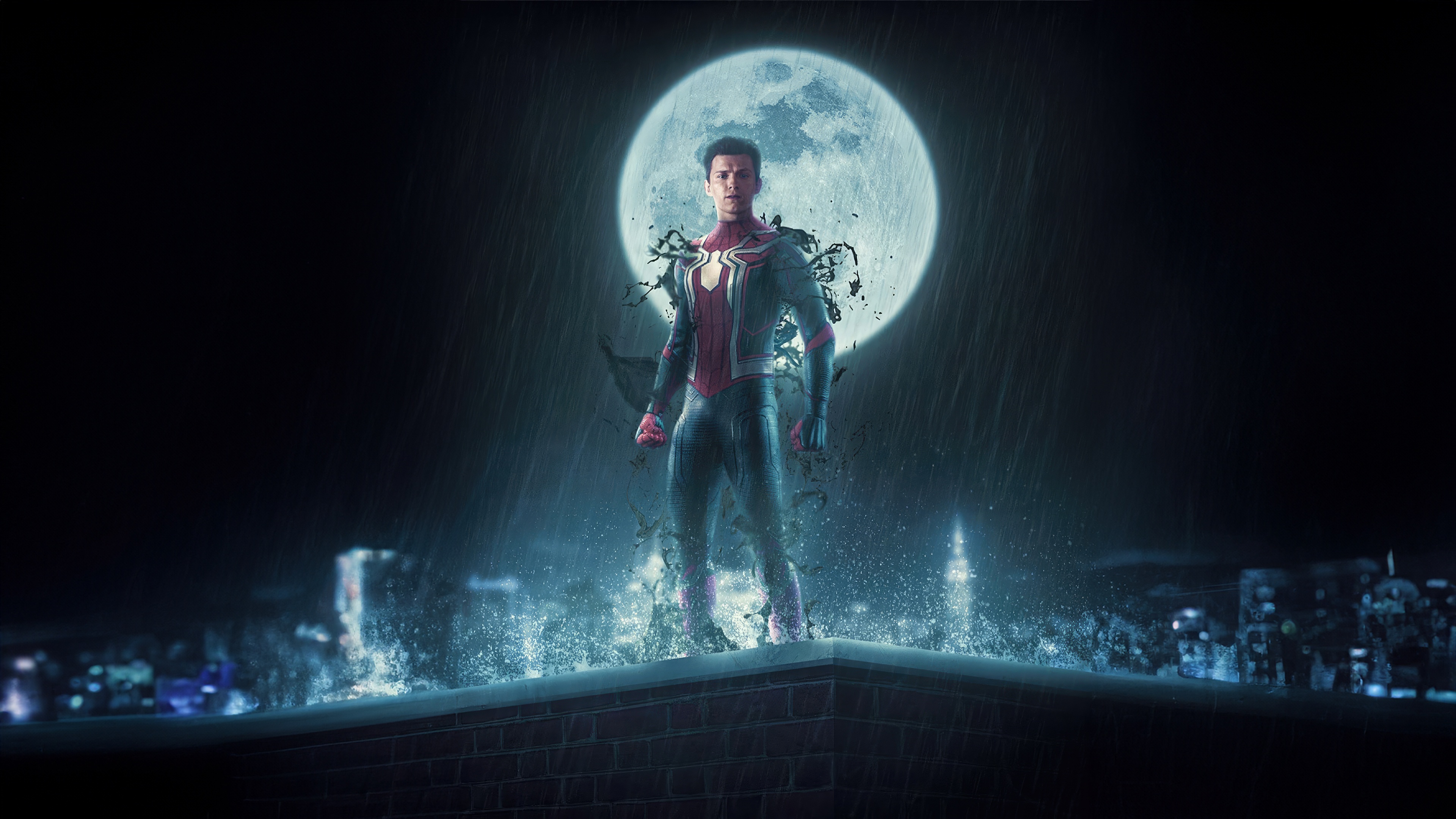 Spider-Man stands on a rooftop under the moon HD Wallpaper