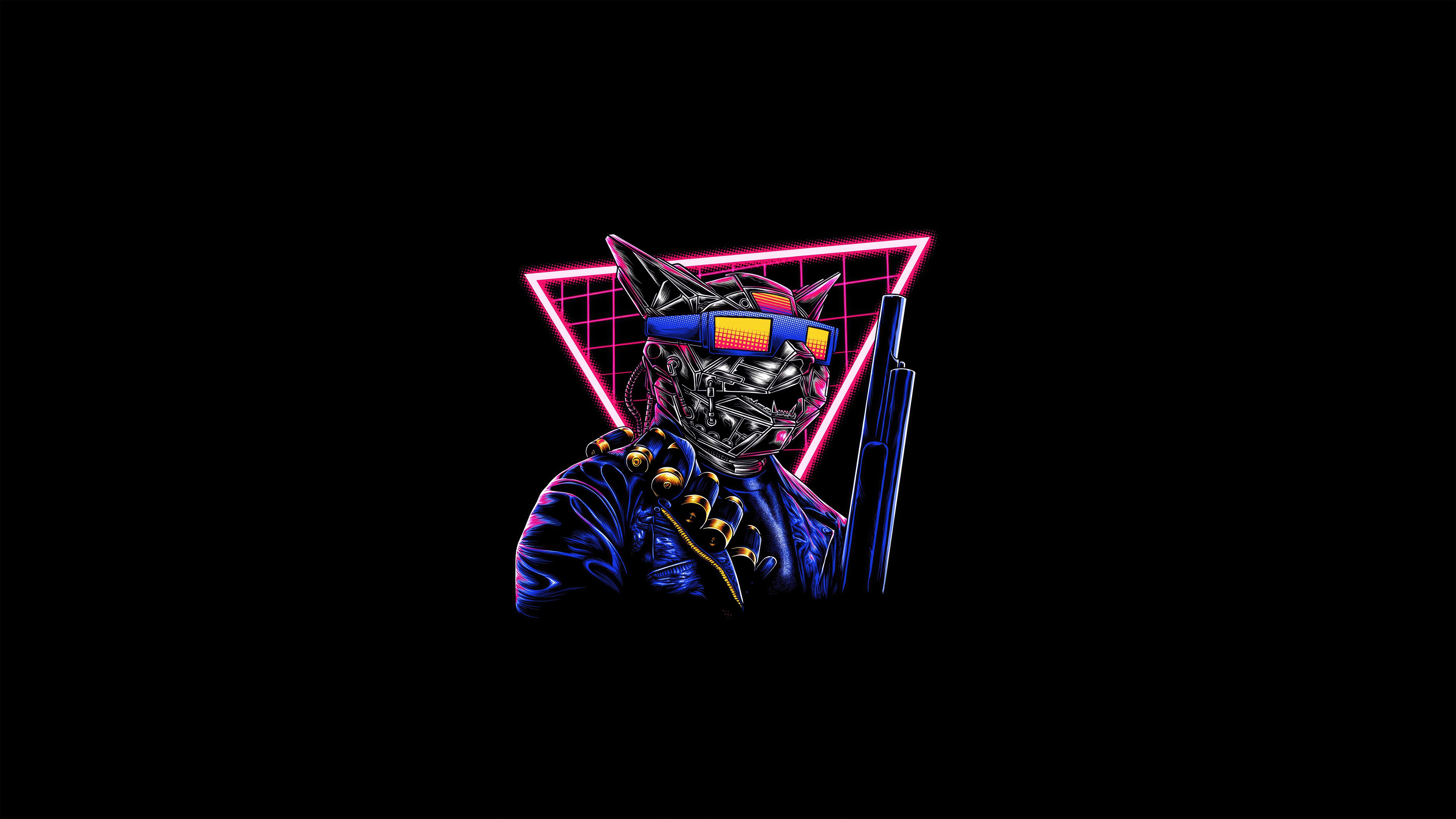 Cyberpunk Cat with Shotgun and Neon Triangle HD Wallpaper