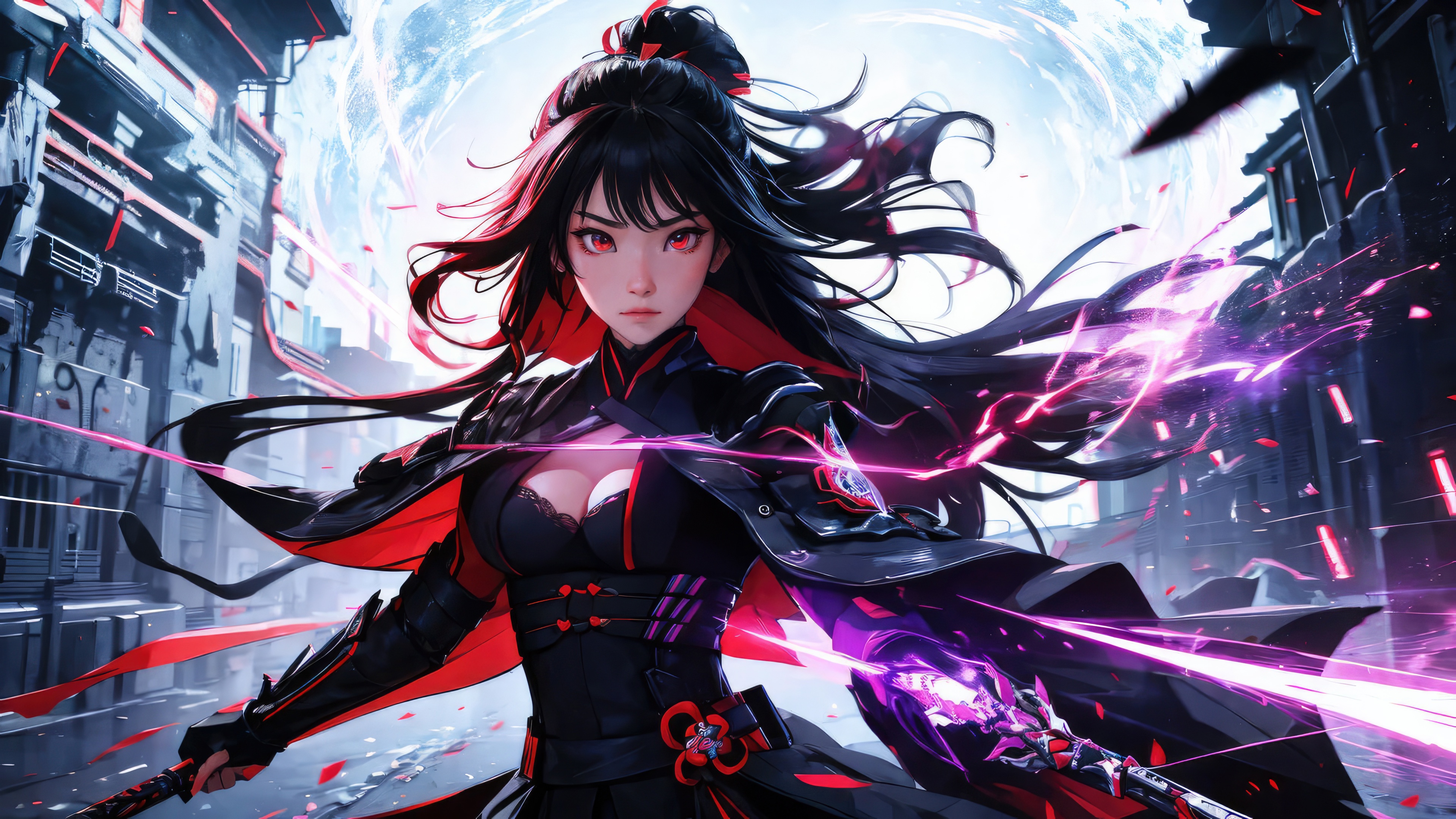 Anime girl with red eyes and black hair wielding a glowing sword HD Wallpaper