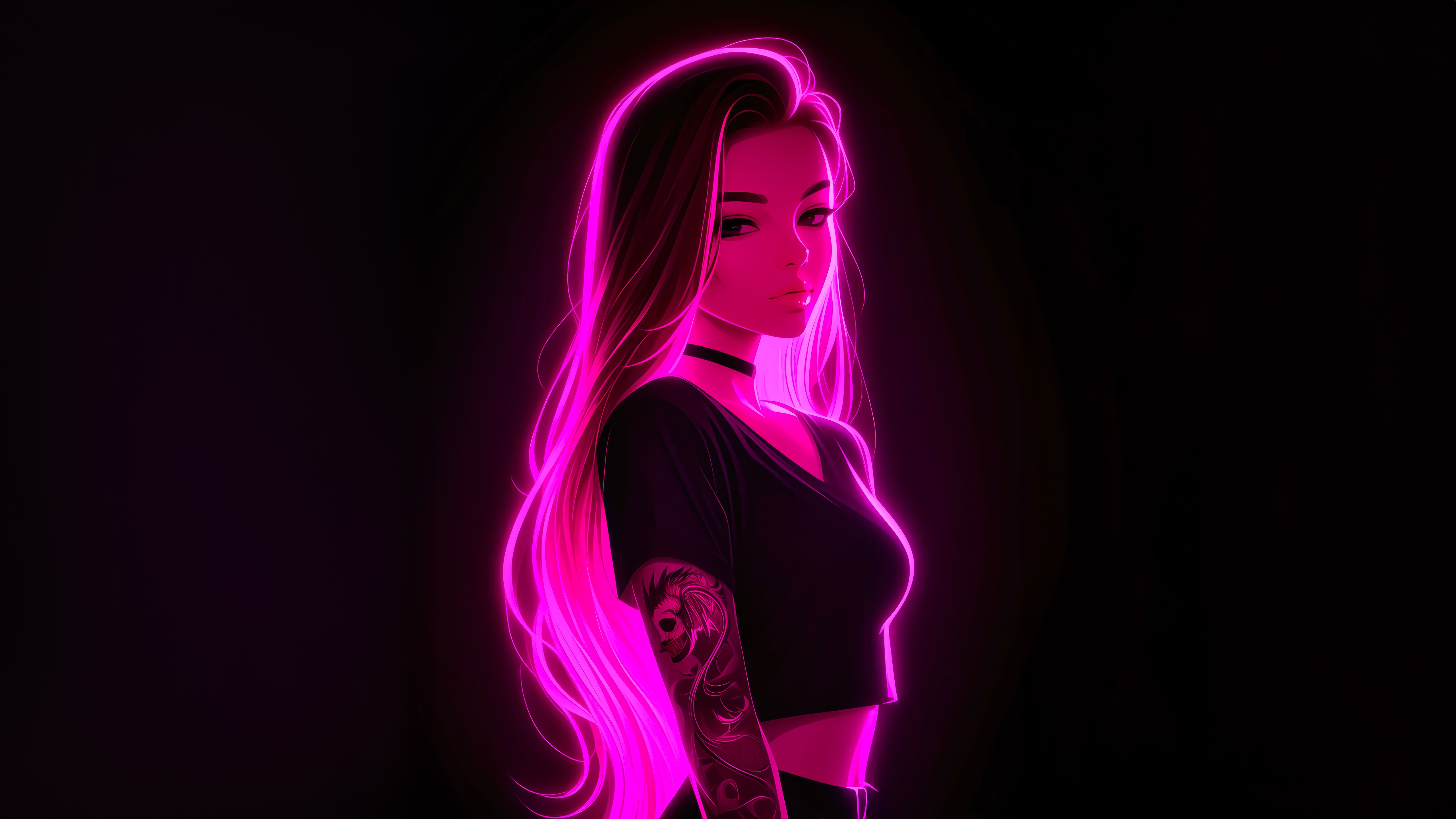 Girl with pink neon outline HD Wallpaper