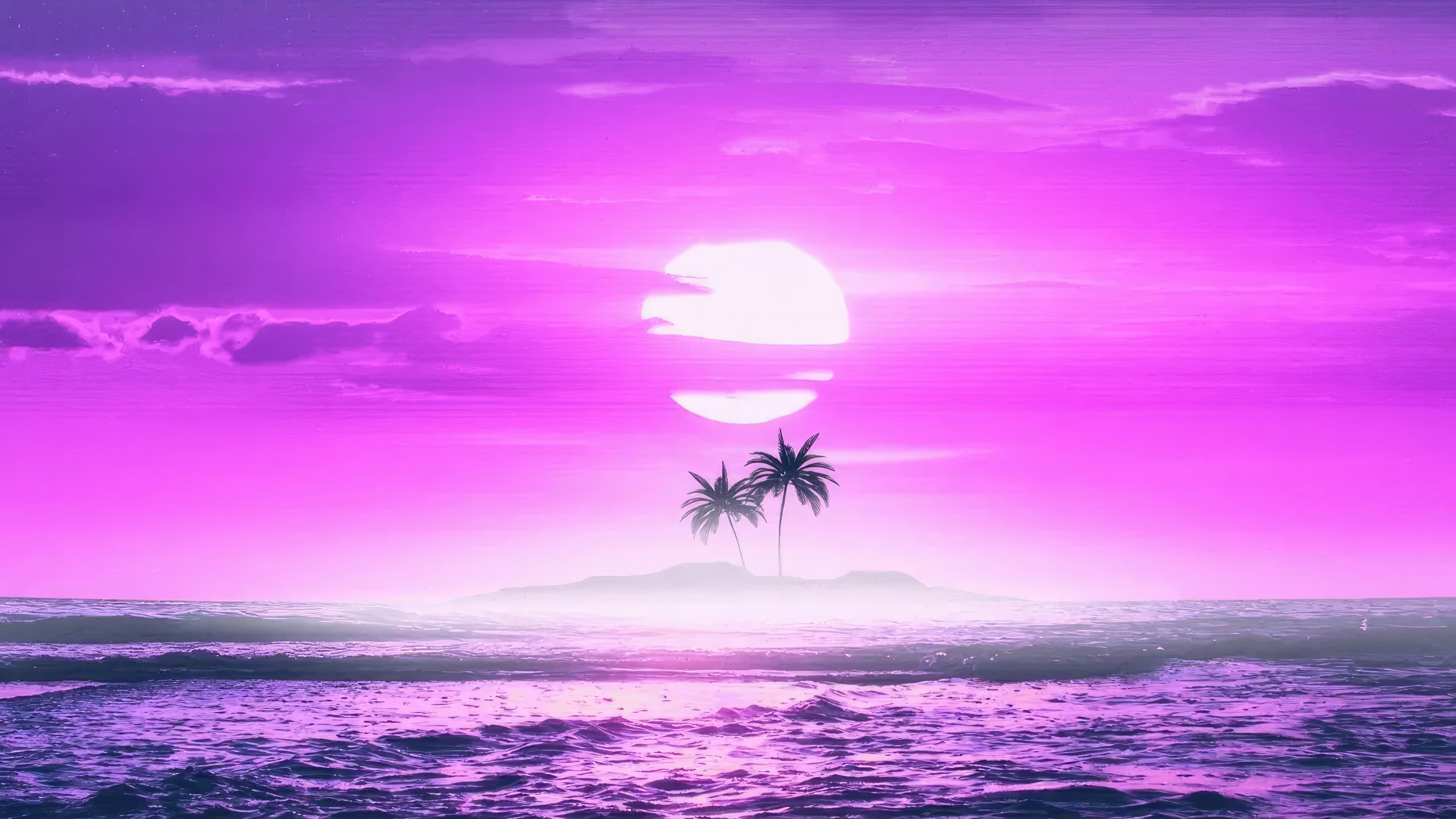 Synthwave Sunset Over Tropical Island HD Wallpaper