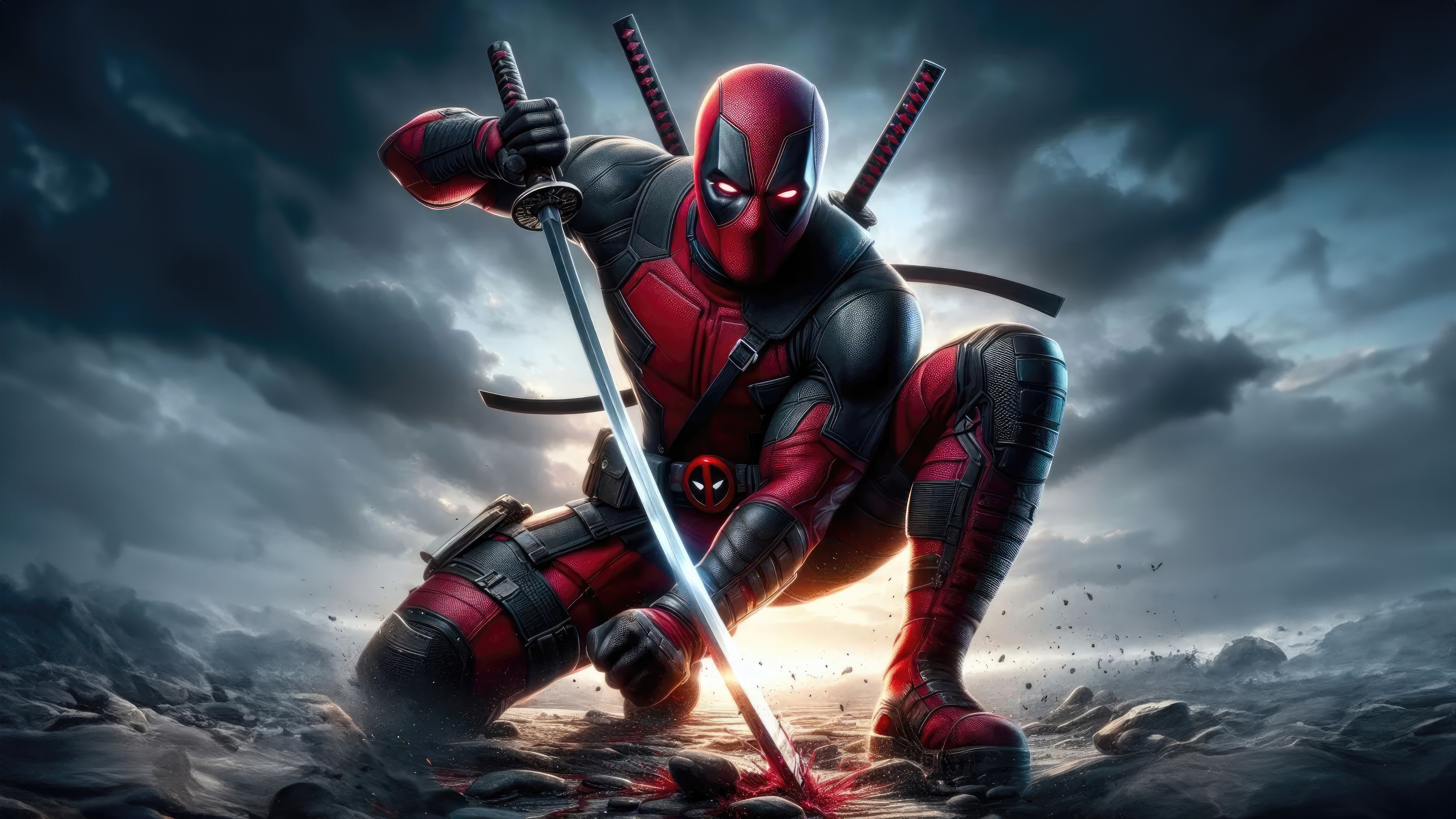 Deadpool with swords in a dramatic pose HD Wallpaper