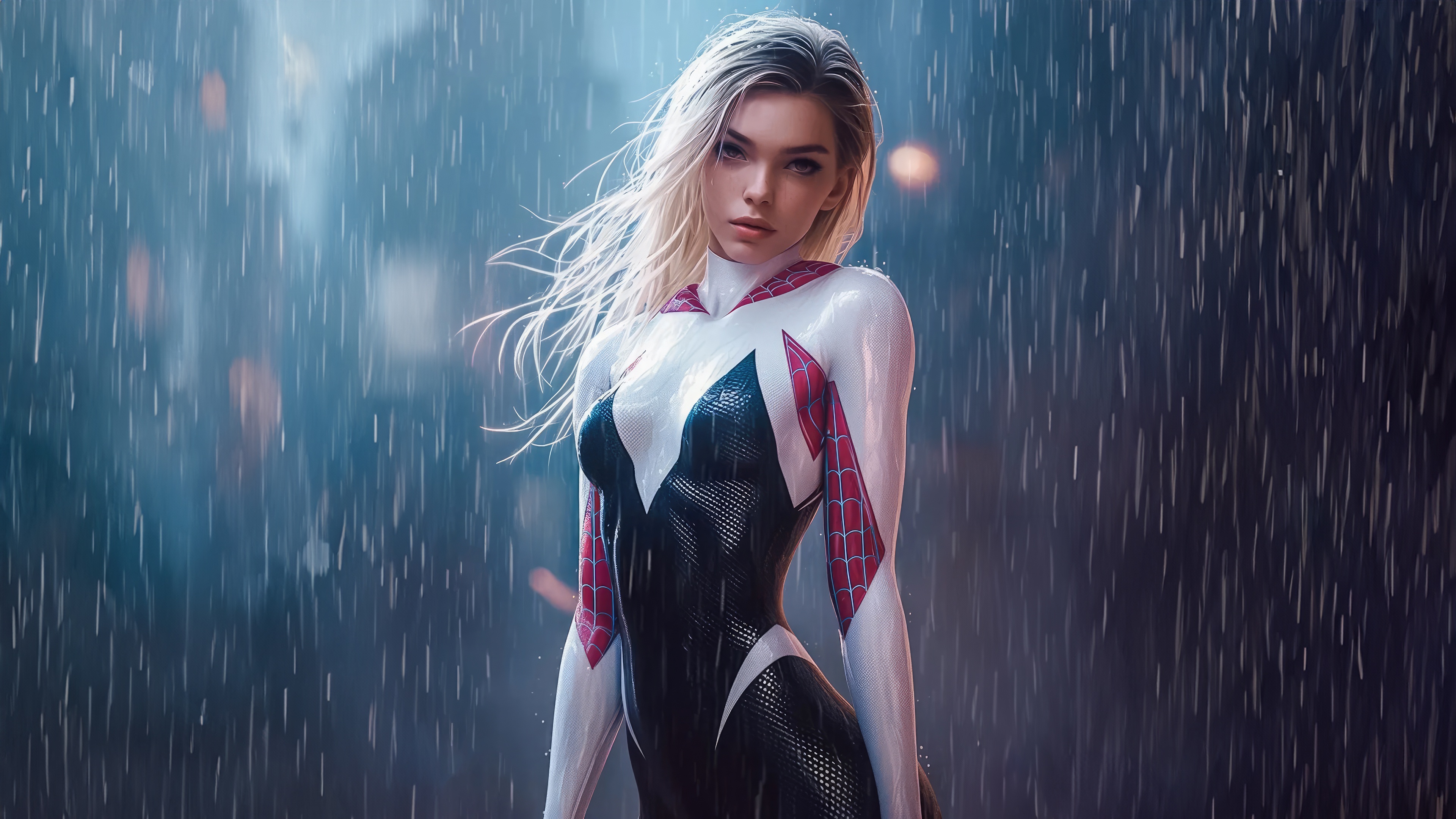 Gwen Stacy in a Spider-Gwen suit in the rain HD Wallpaper
