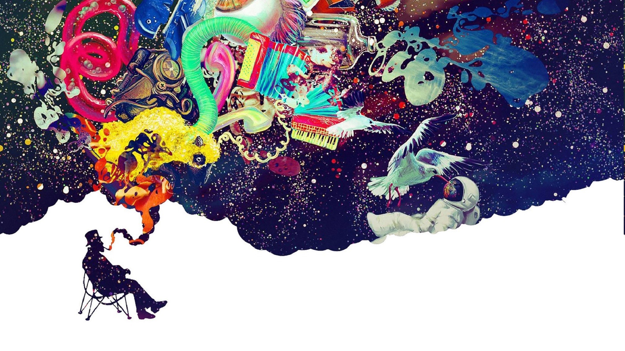 Astronaut and Man Smoking in Cosmic Dreamscape HD Wallpaper