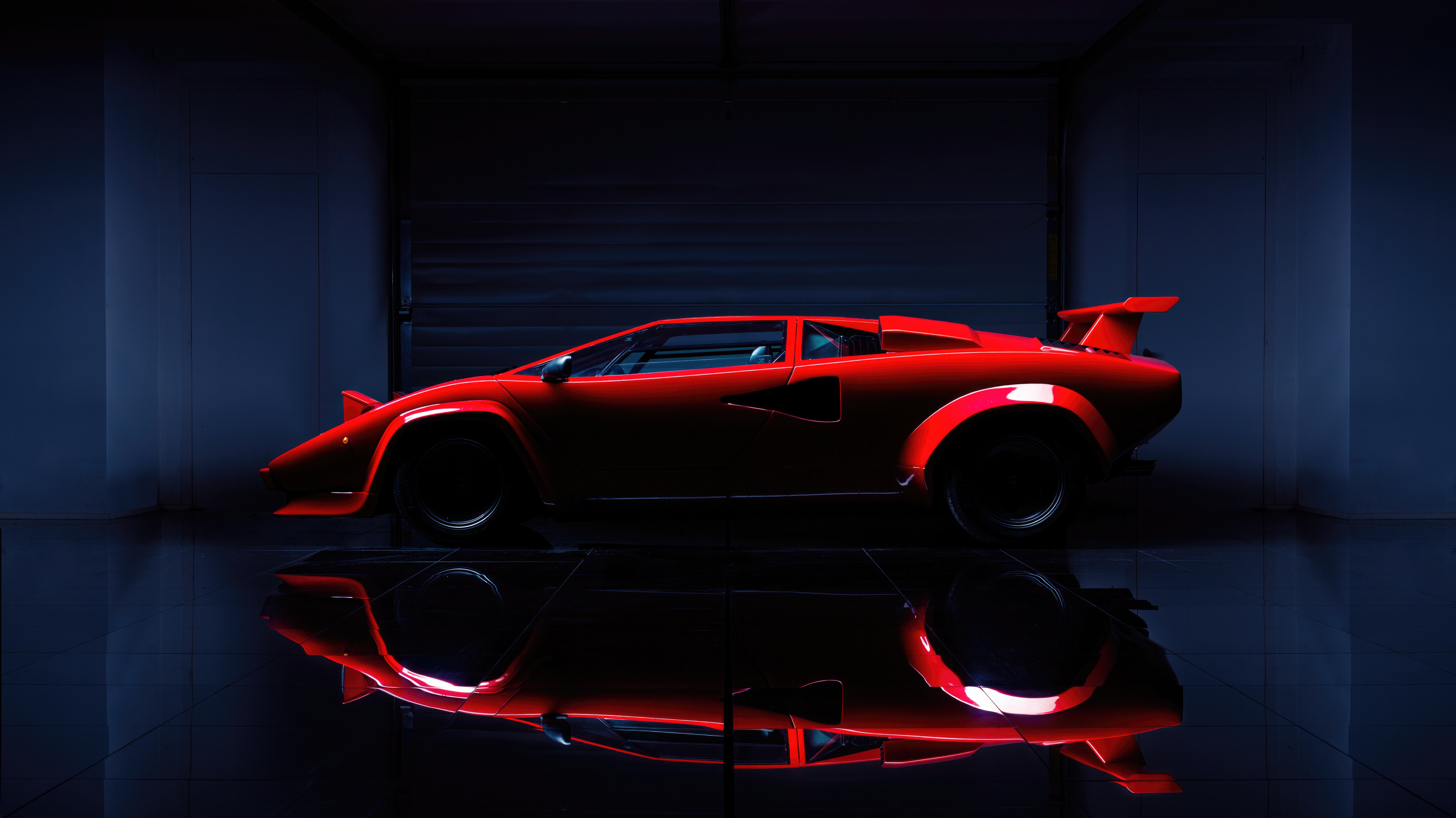 Red Lamborghini Countach in a dark garage HD Wallpaper