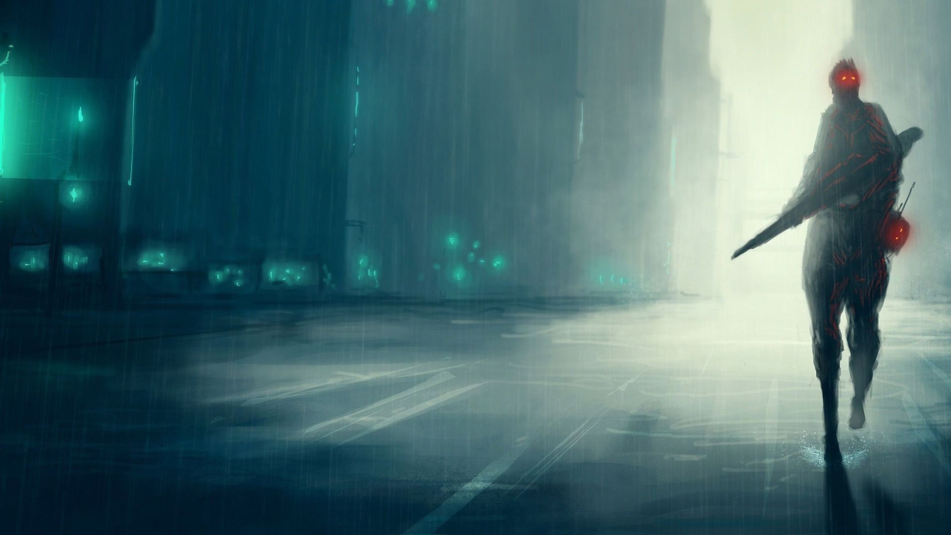 Futuristic soldier with glowing eyes in a rainy city HD Wallpaper