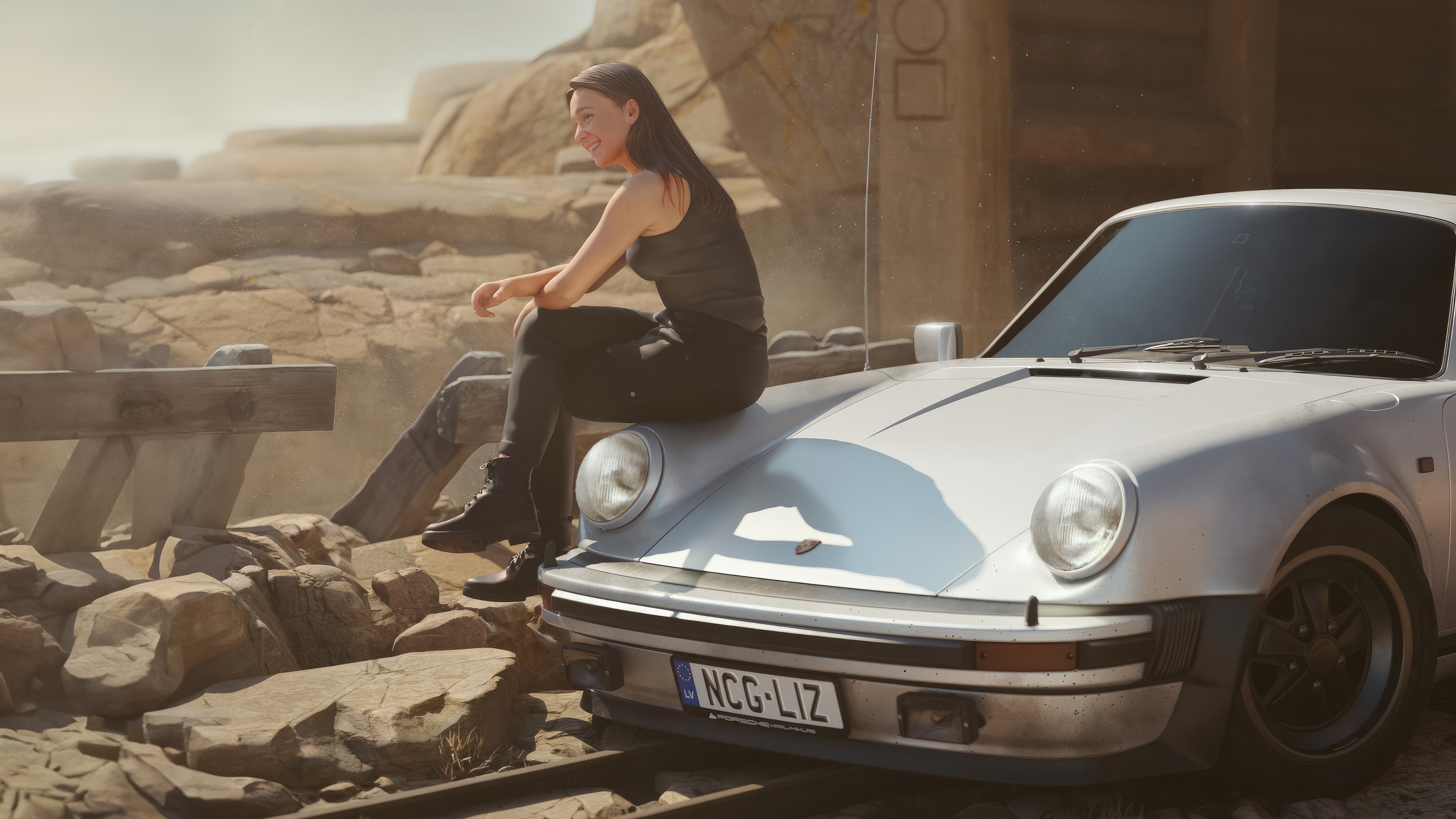 Woman sitting on a Porsche 911 HD Wallpaper
