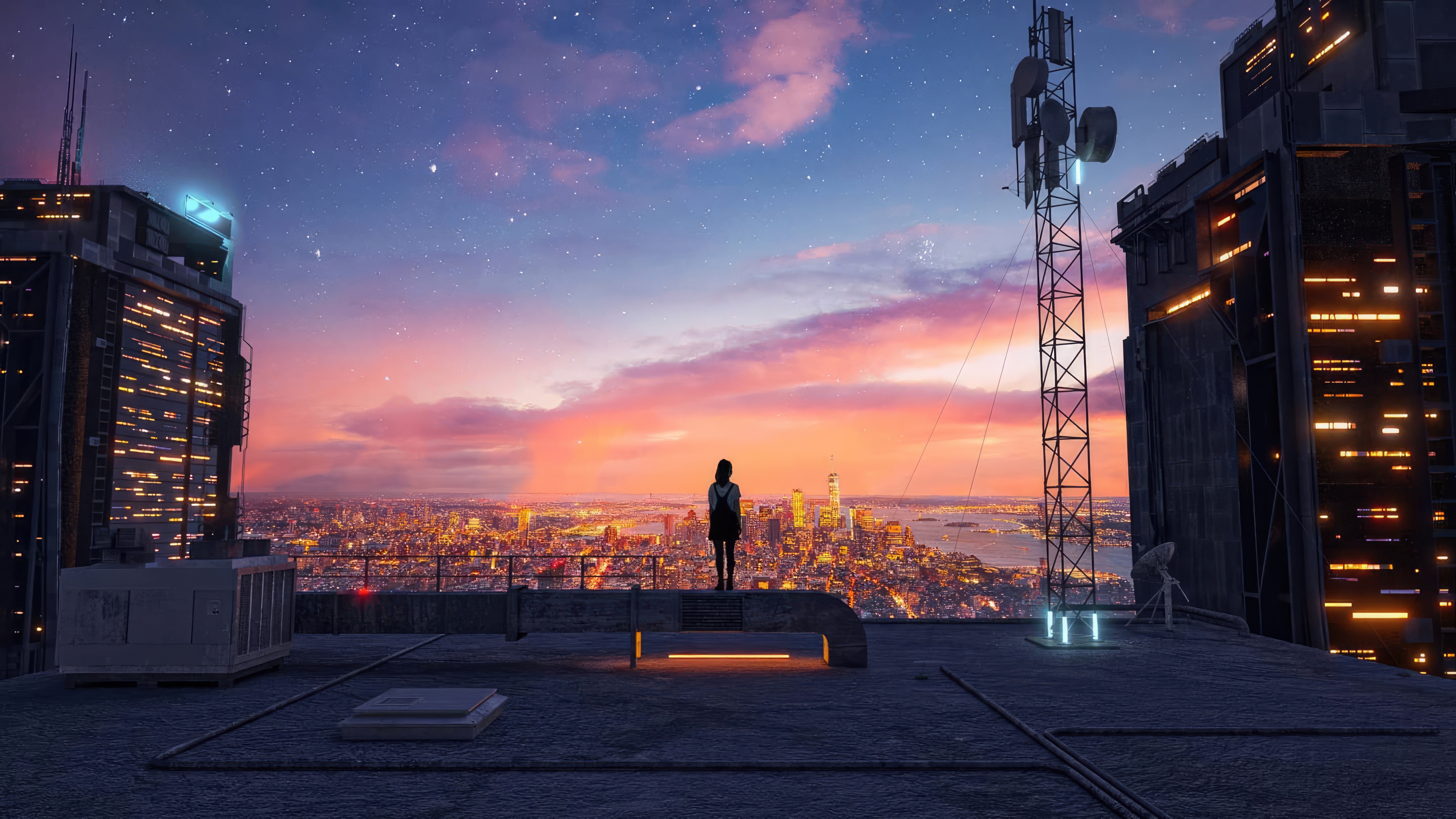 Girl on rooftop overlooking city at sunset HD Wallpaper