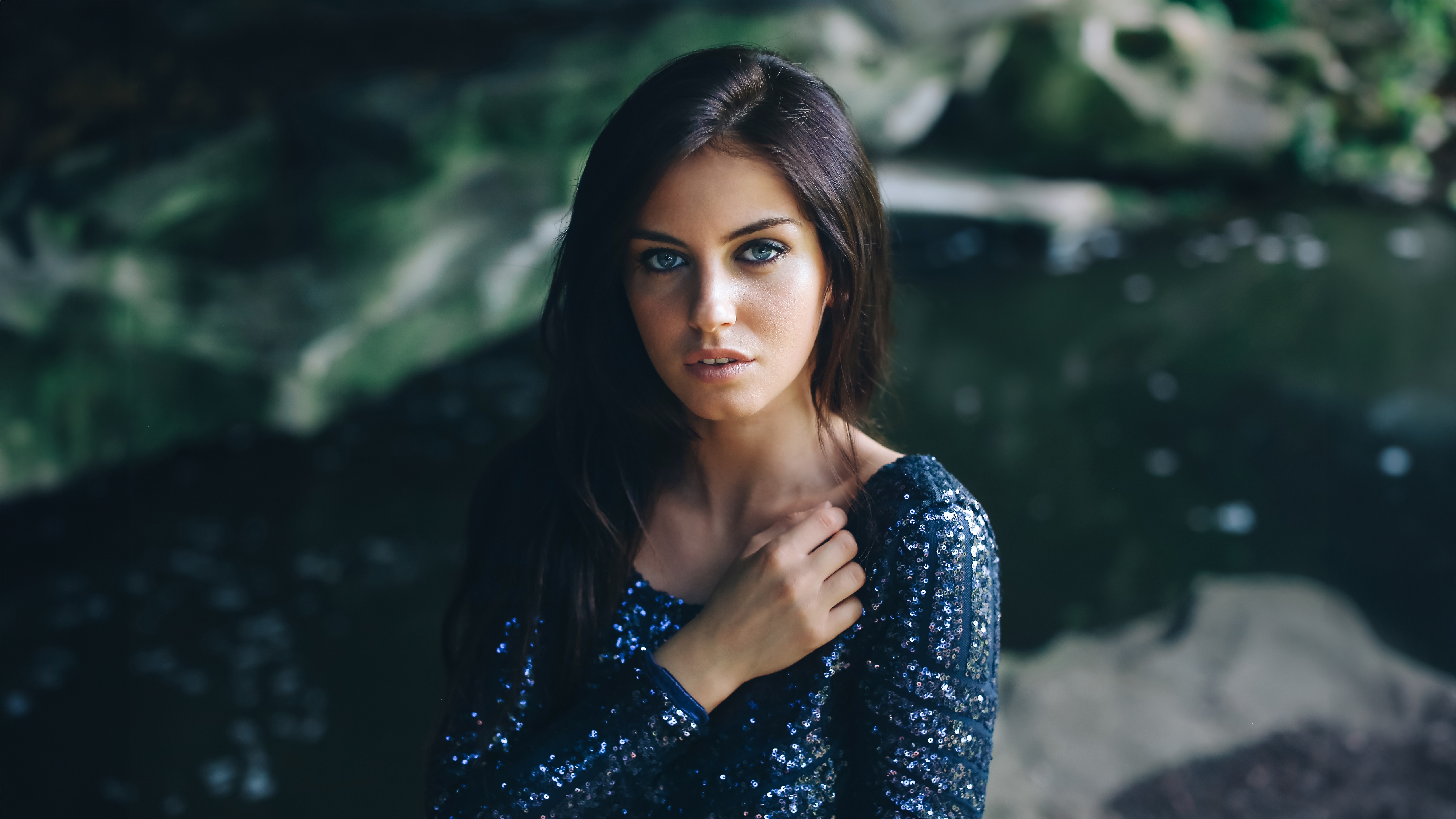 Girl with blue eyes in a blue sequined dress HD Wallpaper