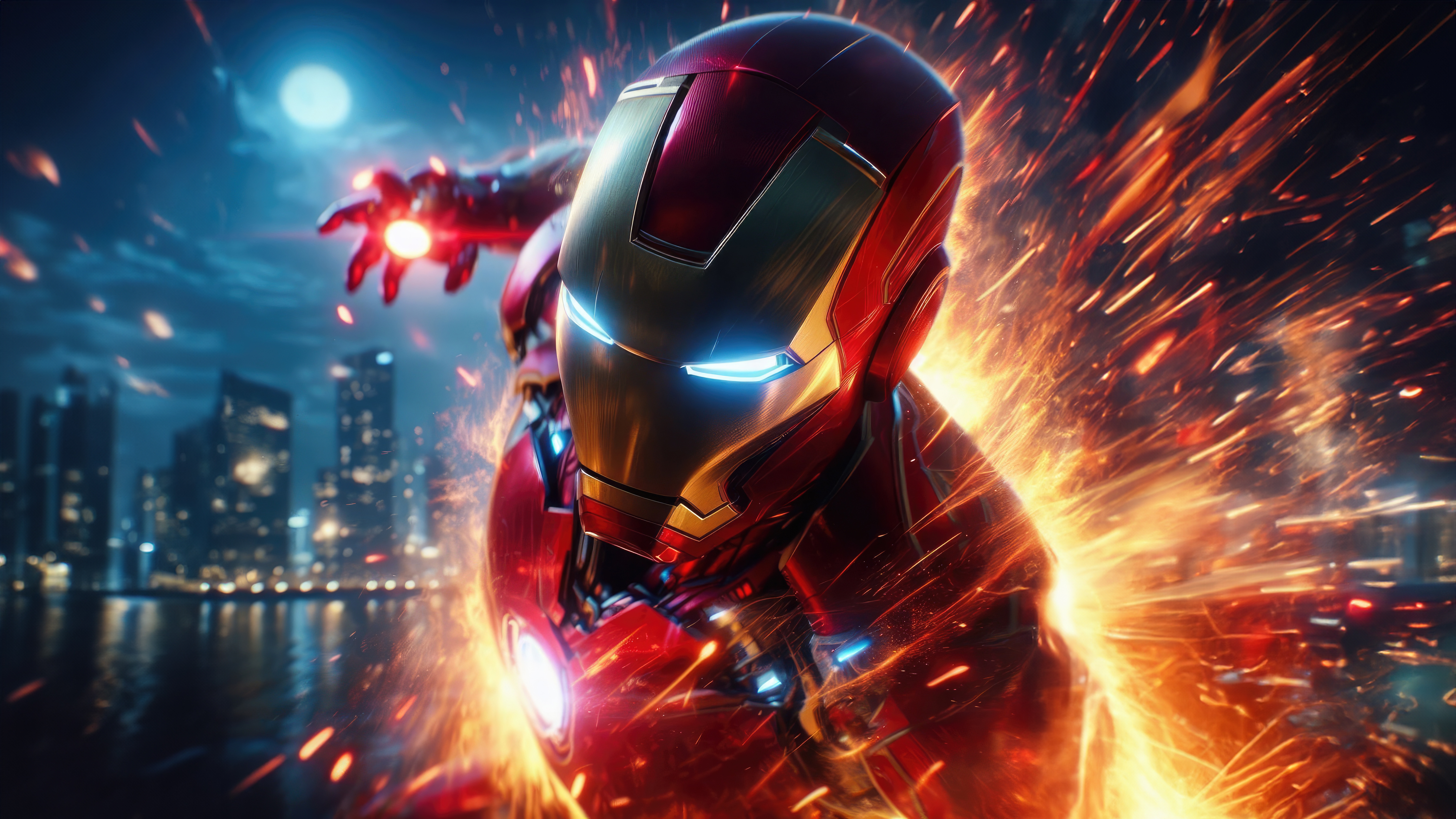 Iron Man in a city at night with sparks HD Wallpaper