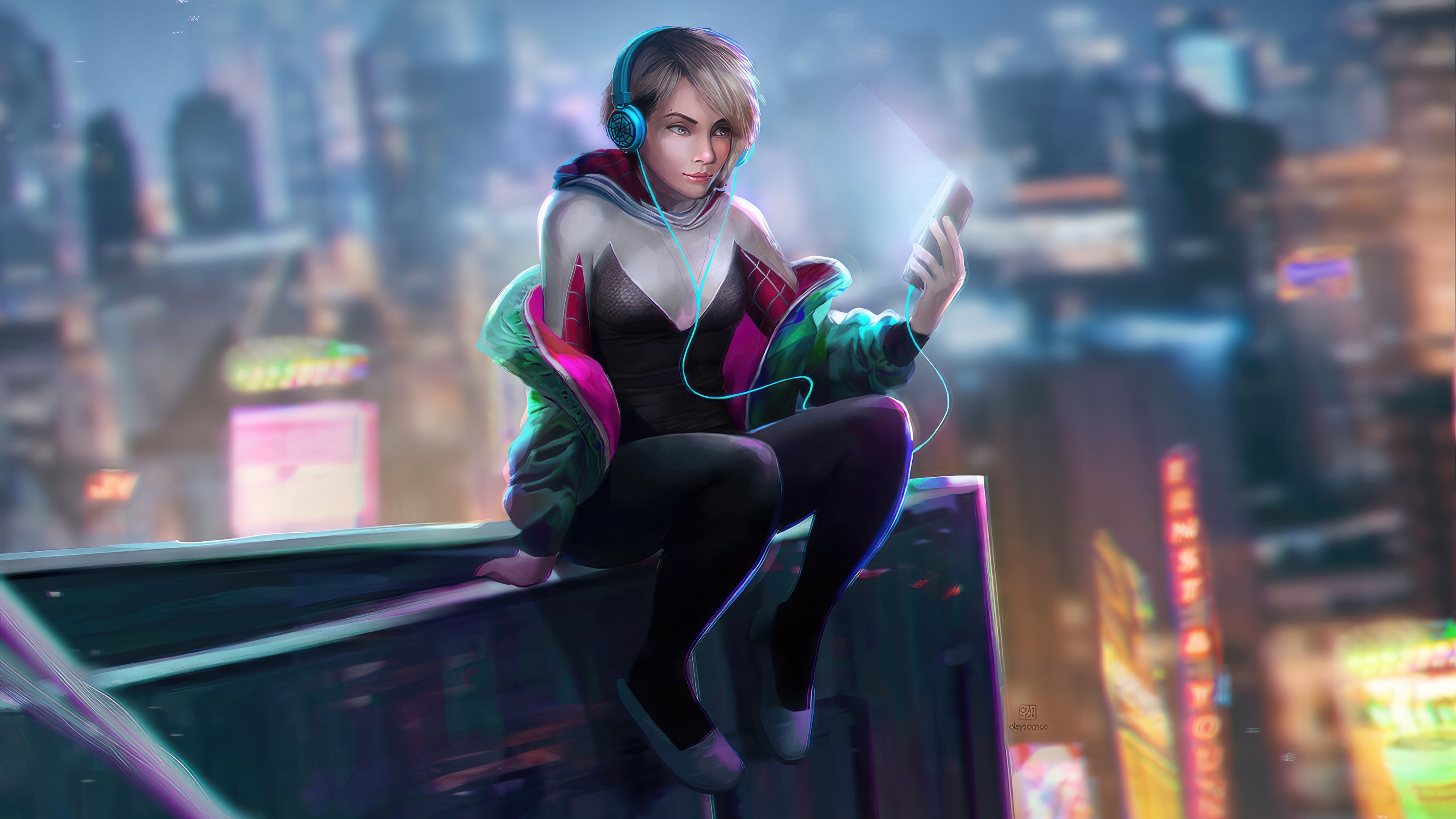 Gwen Stacy Listening to Music on a Rooftop HD Wallpaper
