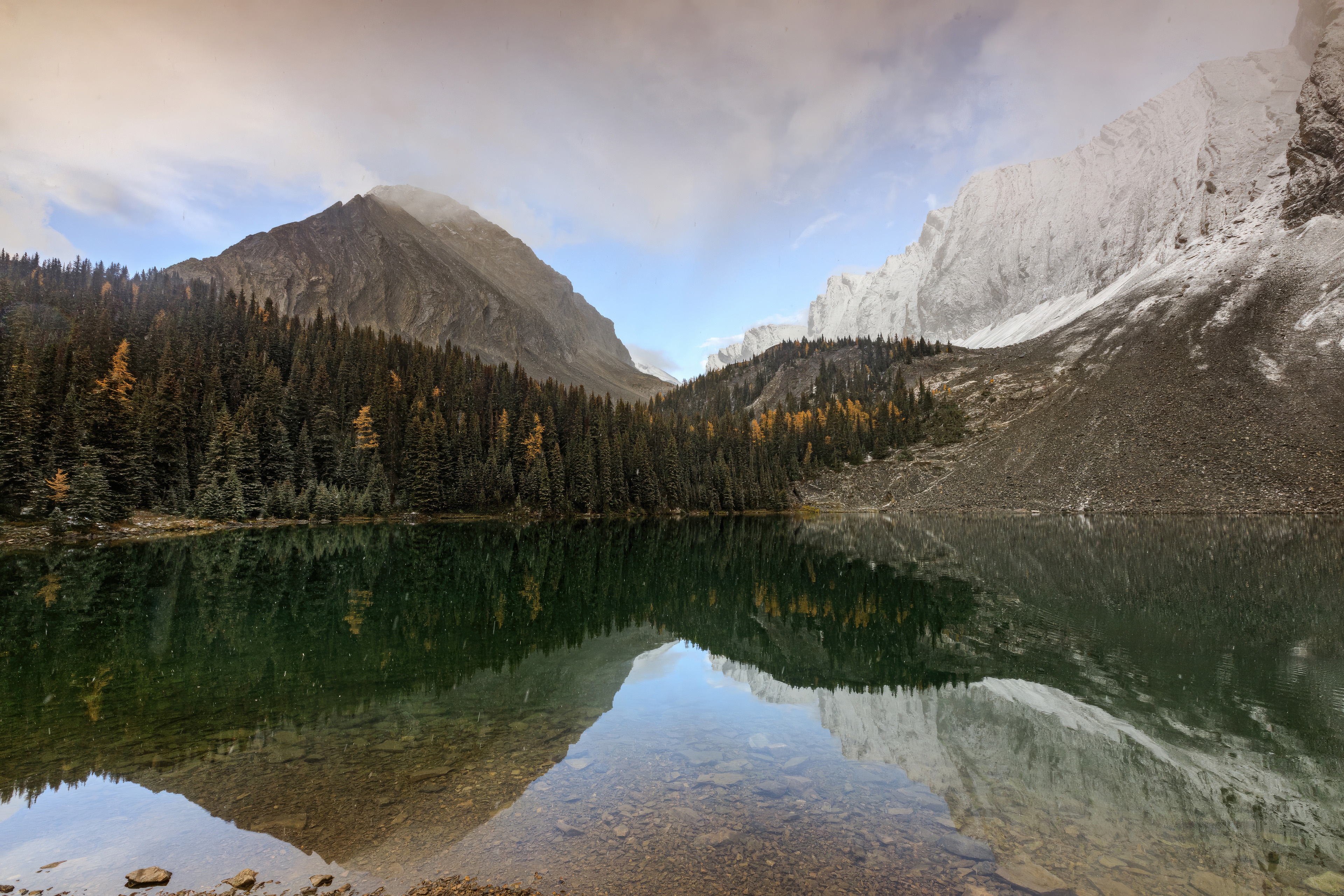 Lake reflection of mountains with pine forest and snow HD Wallpaper