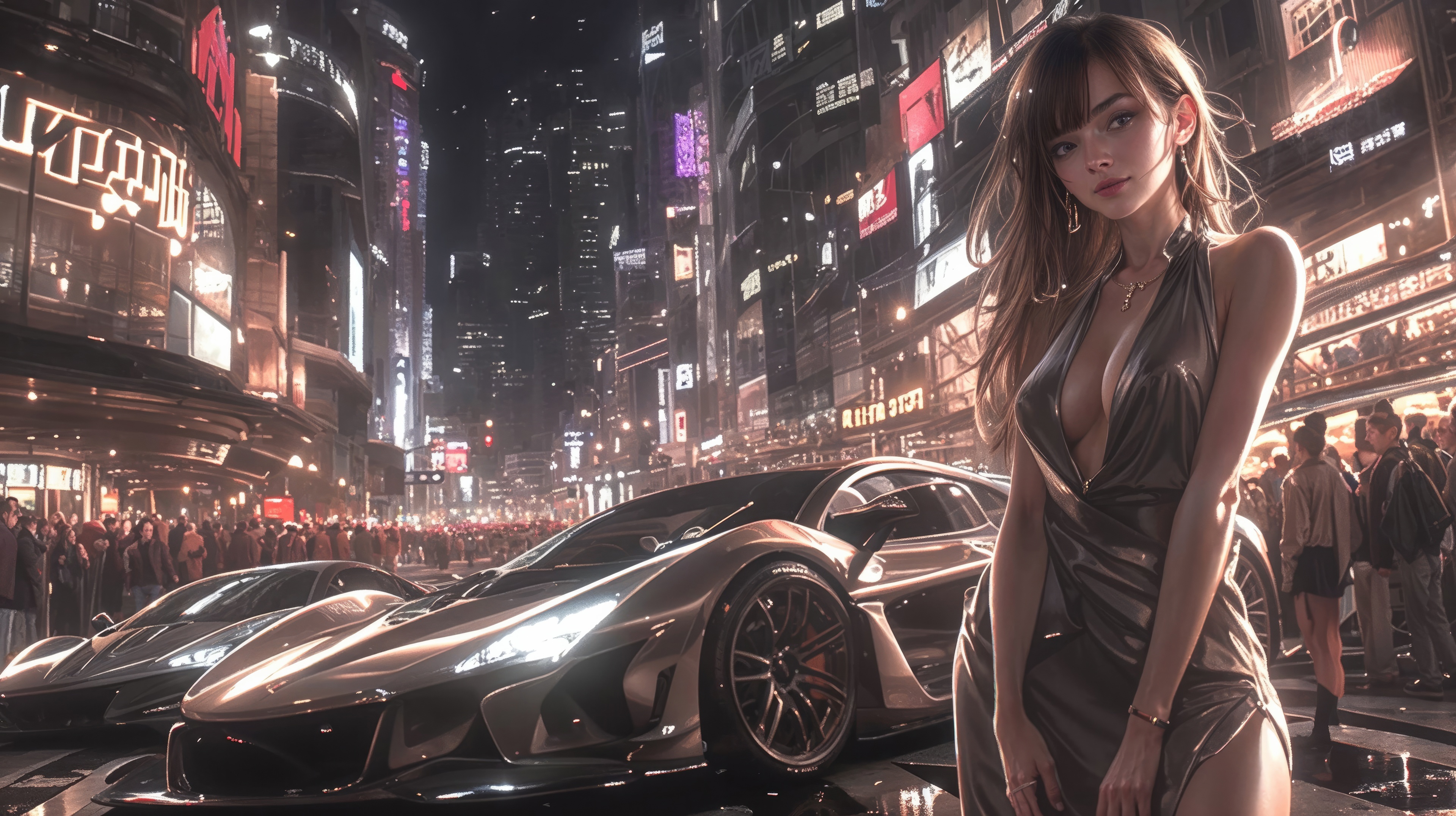 Classy Girl and Tokyo Cars at Night HD Wallpaper