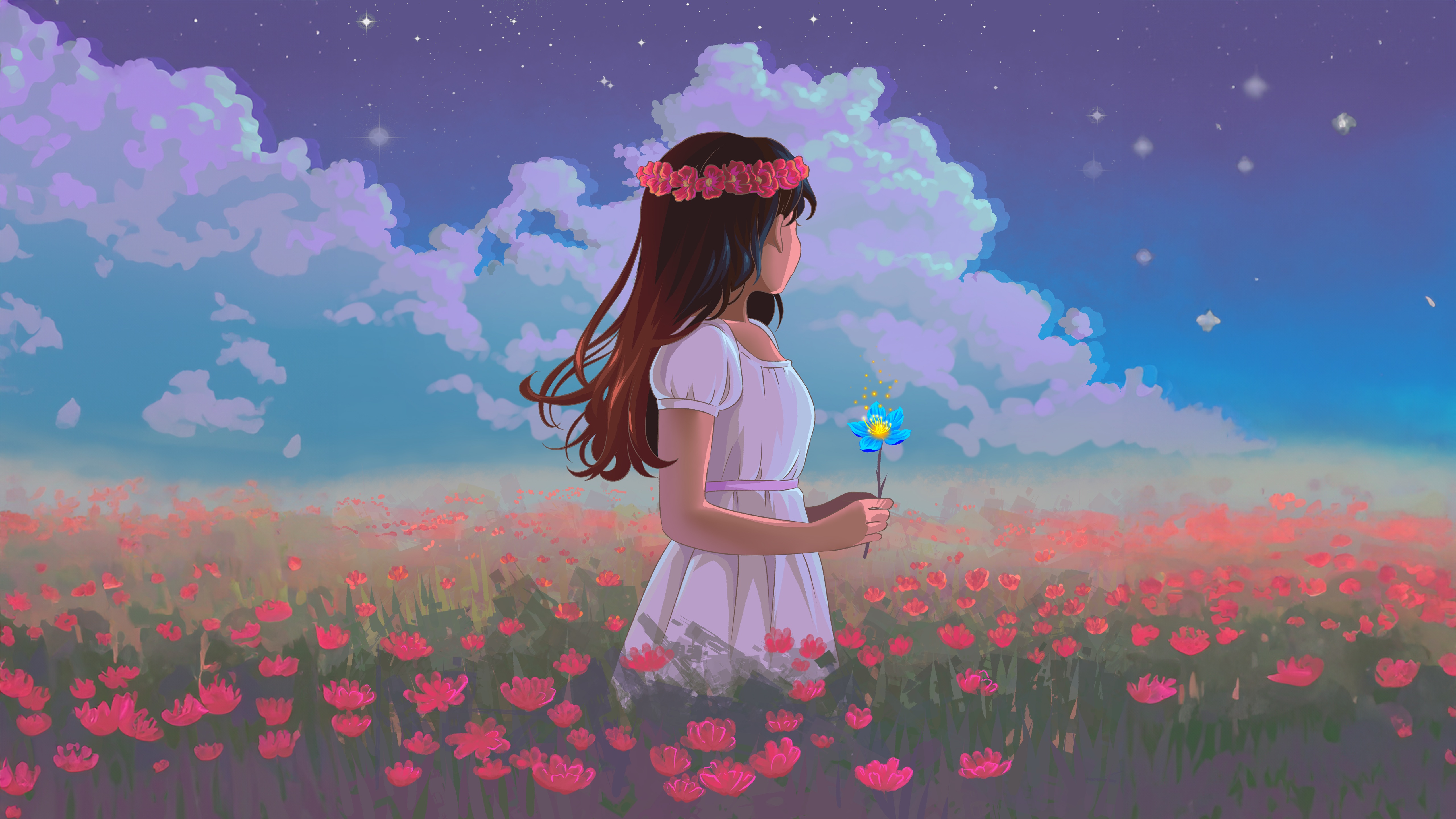 Girl in a flower crown in a field of flowers HD Wallpaper