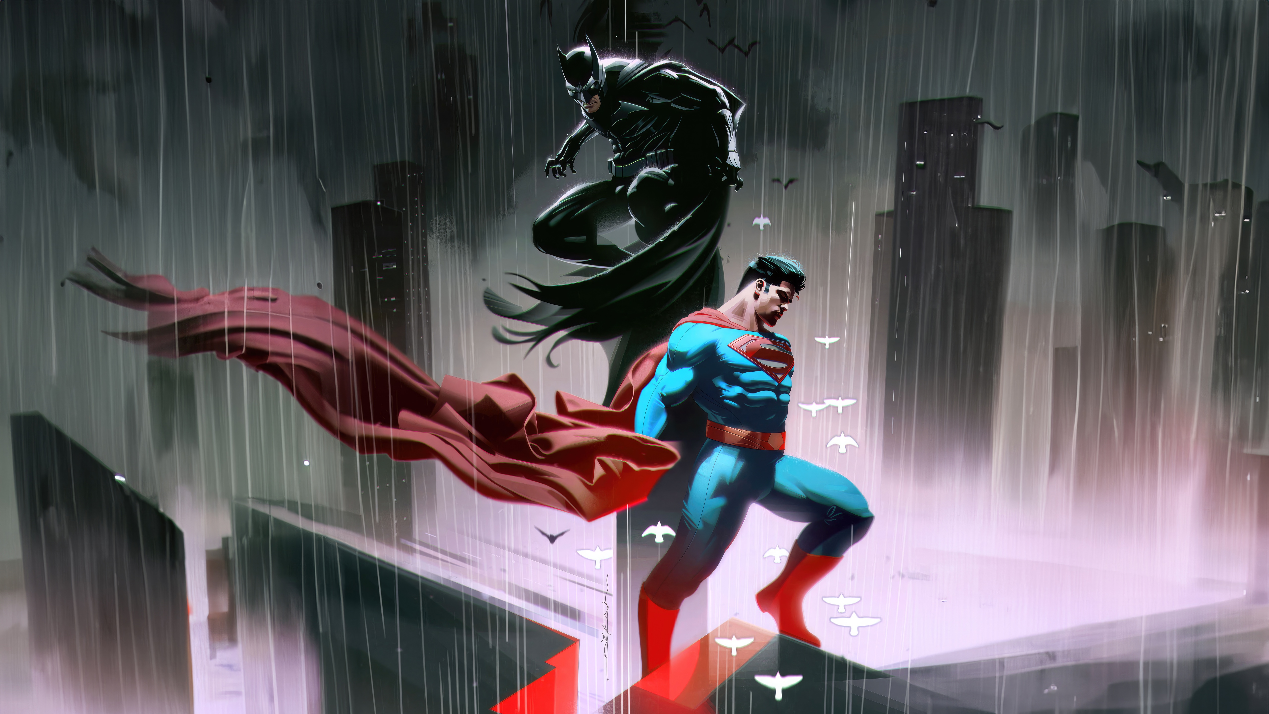Batman and Superman in a rainy city HD Wallpaper