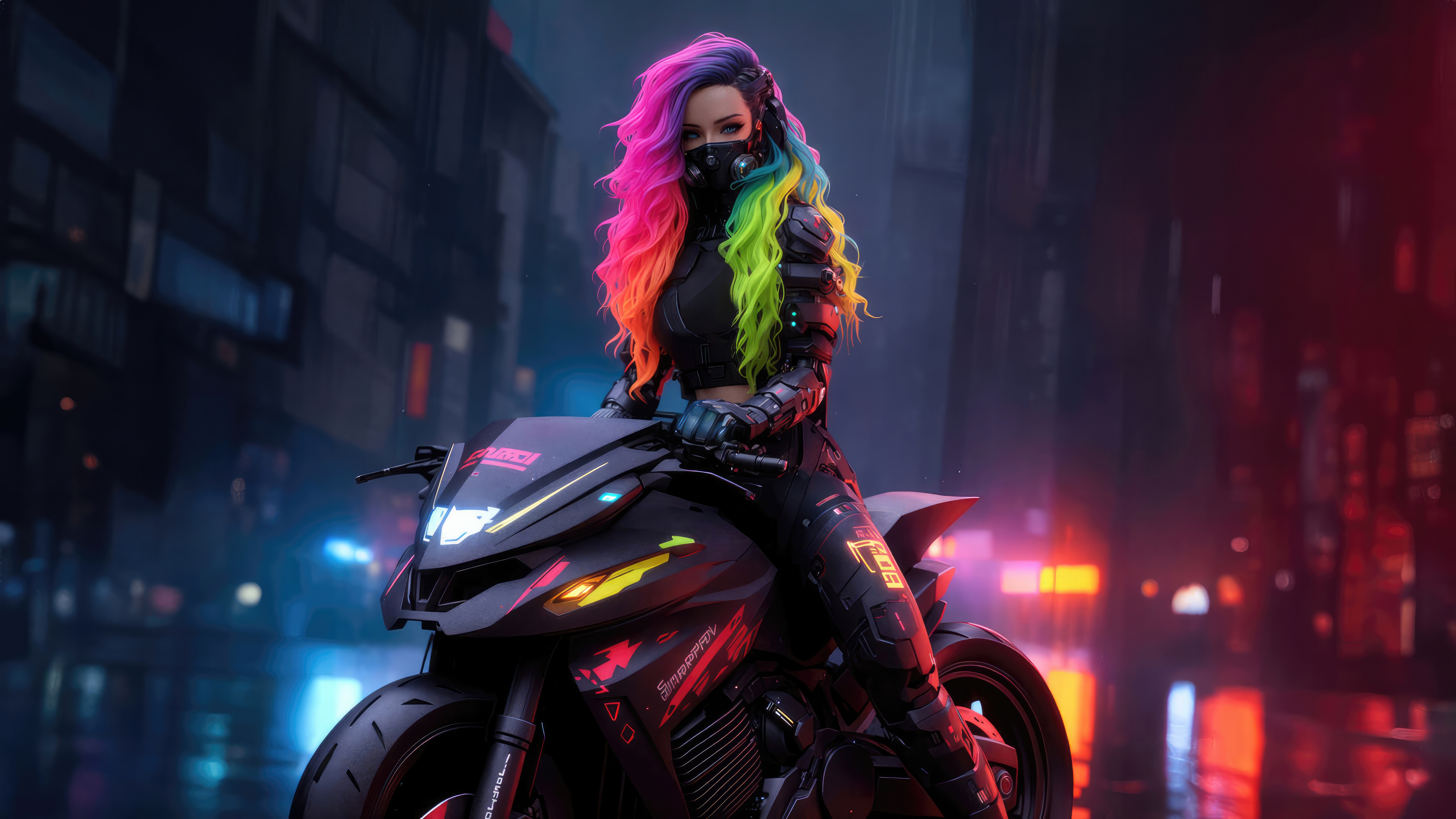 Woman with rainbow hair on a motorcycle in a city HD Wallpaper