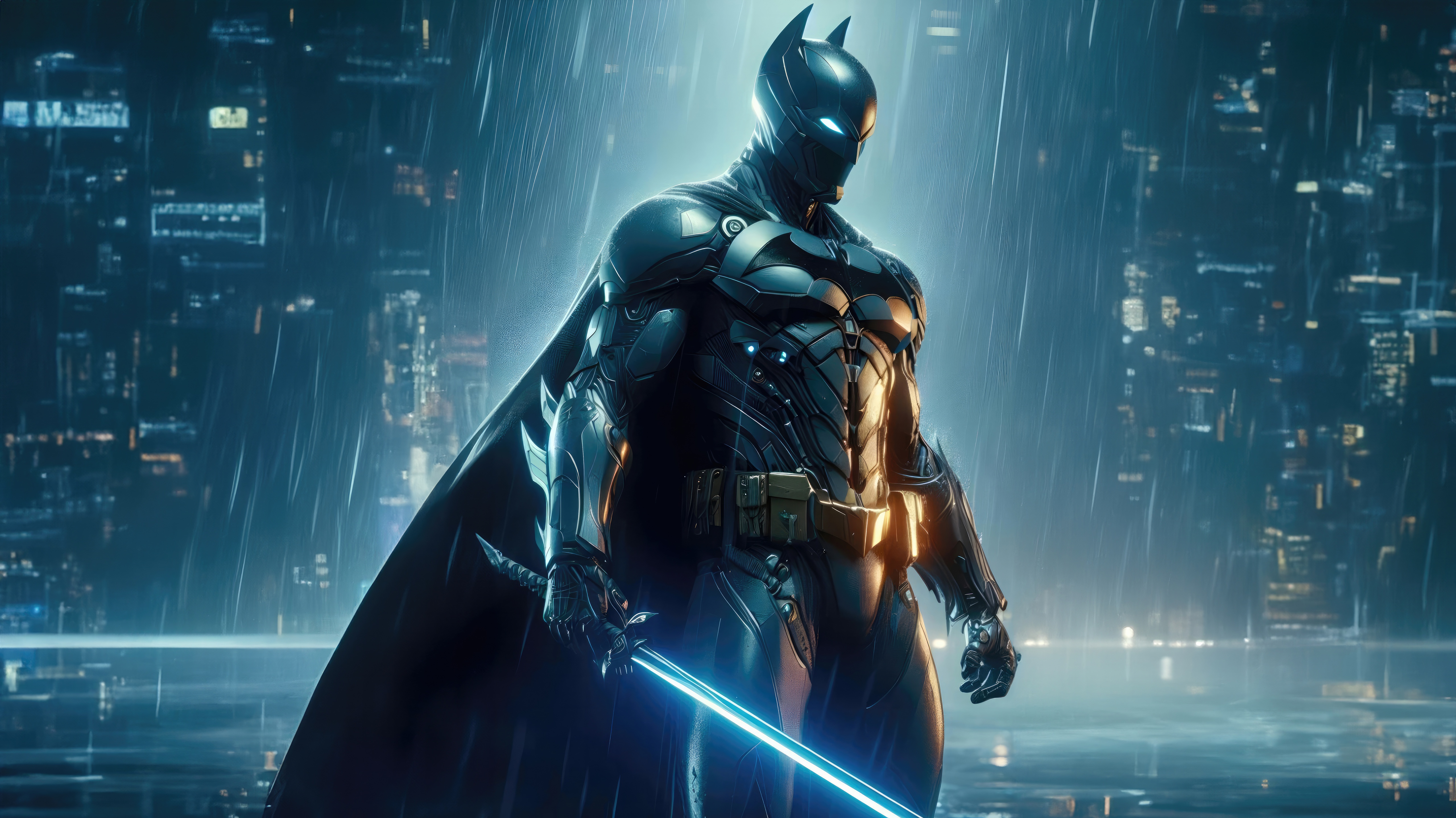 Batman with a glowing sword in the rain HD Wallpaper