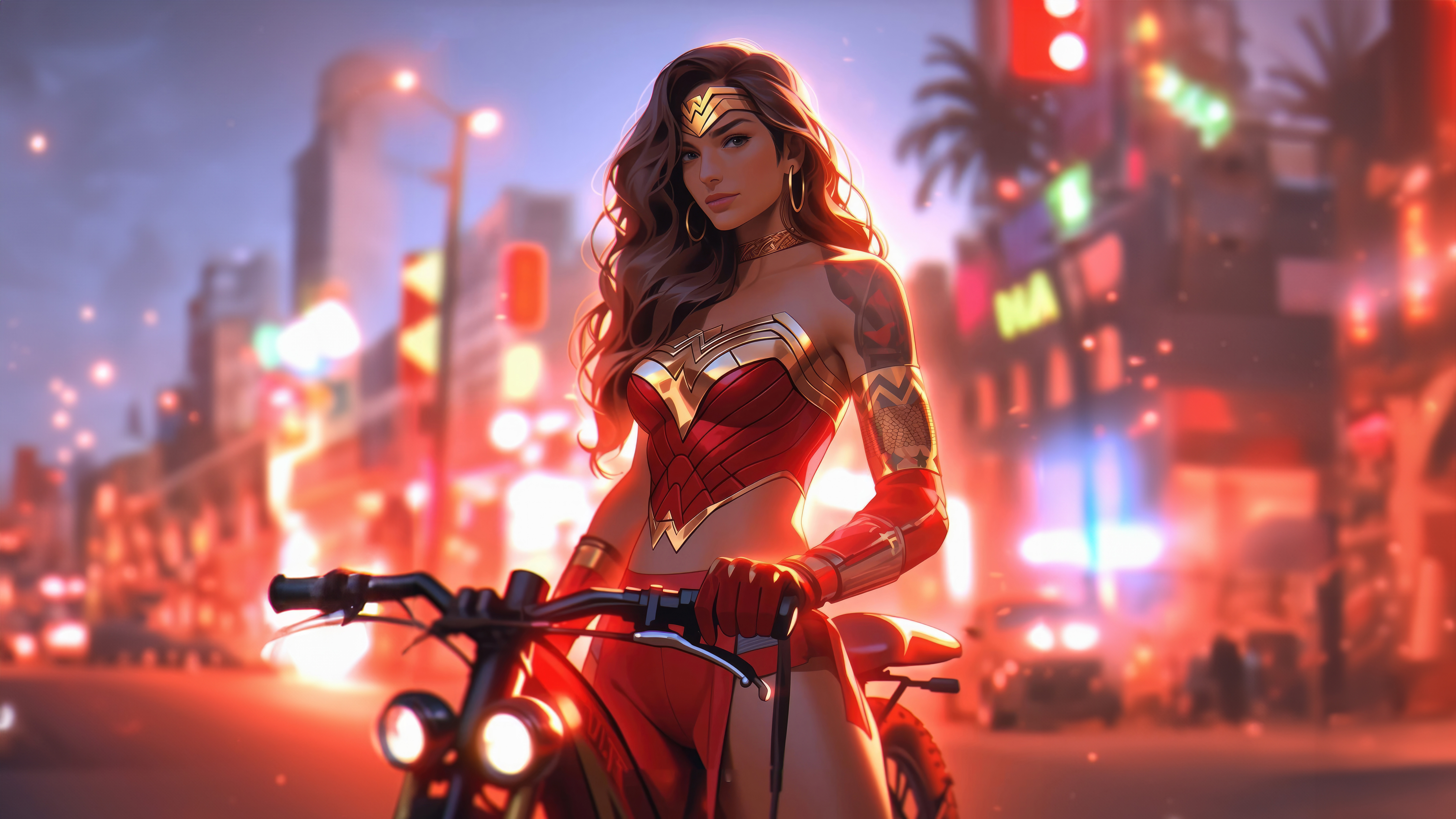 Wonder Woman on a motorcycle in a city at night HD Wallpaper