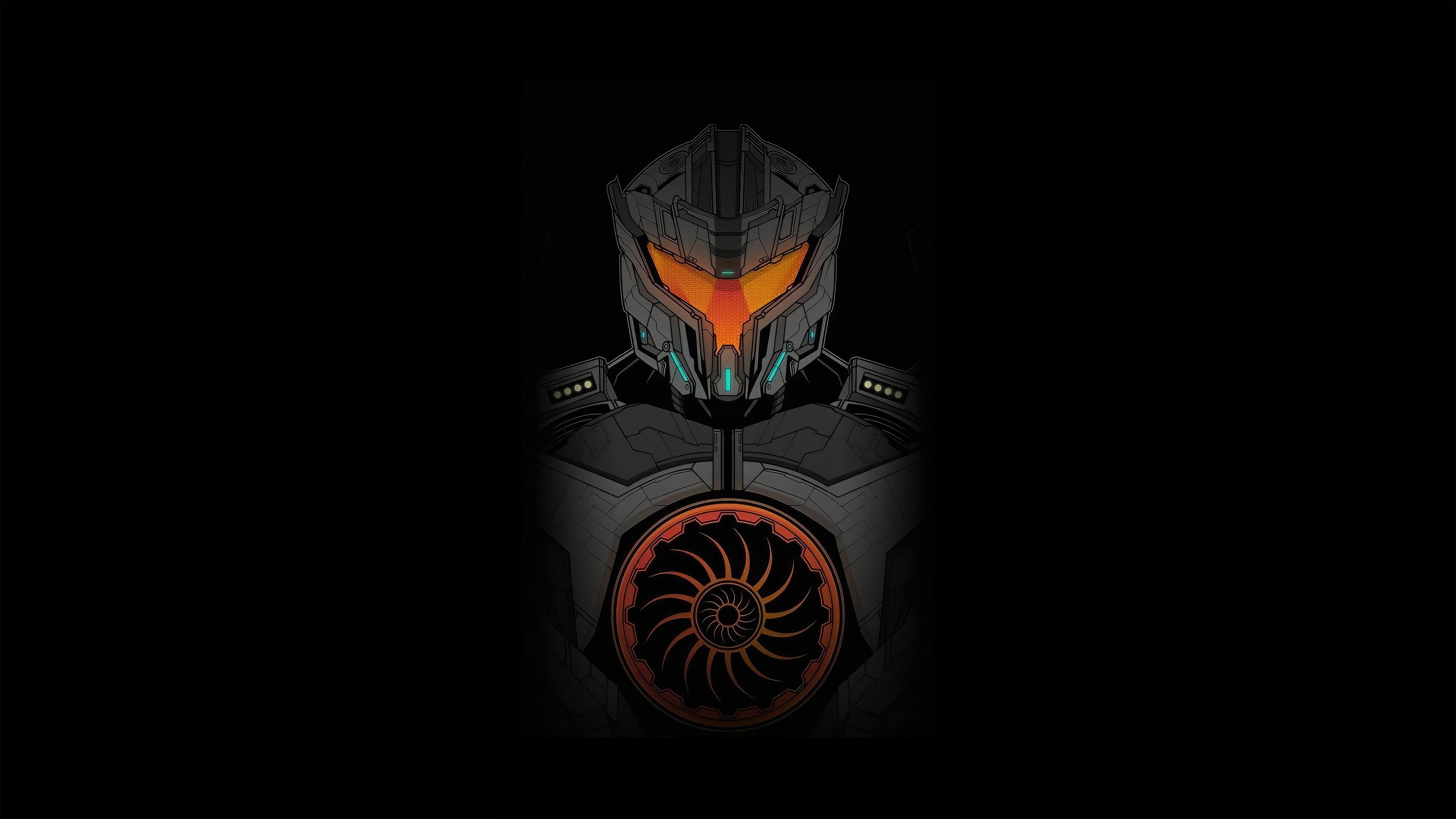 Gundam-like robot with orange visor and circular chest emblem HD Wallpaper
