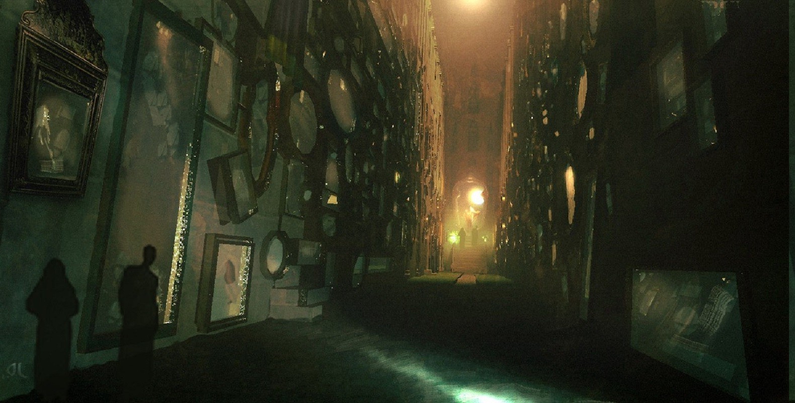 Hallway lined with mirrors and framed artwork HD Wallpaper