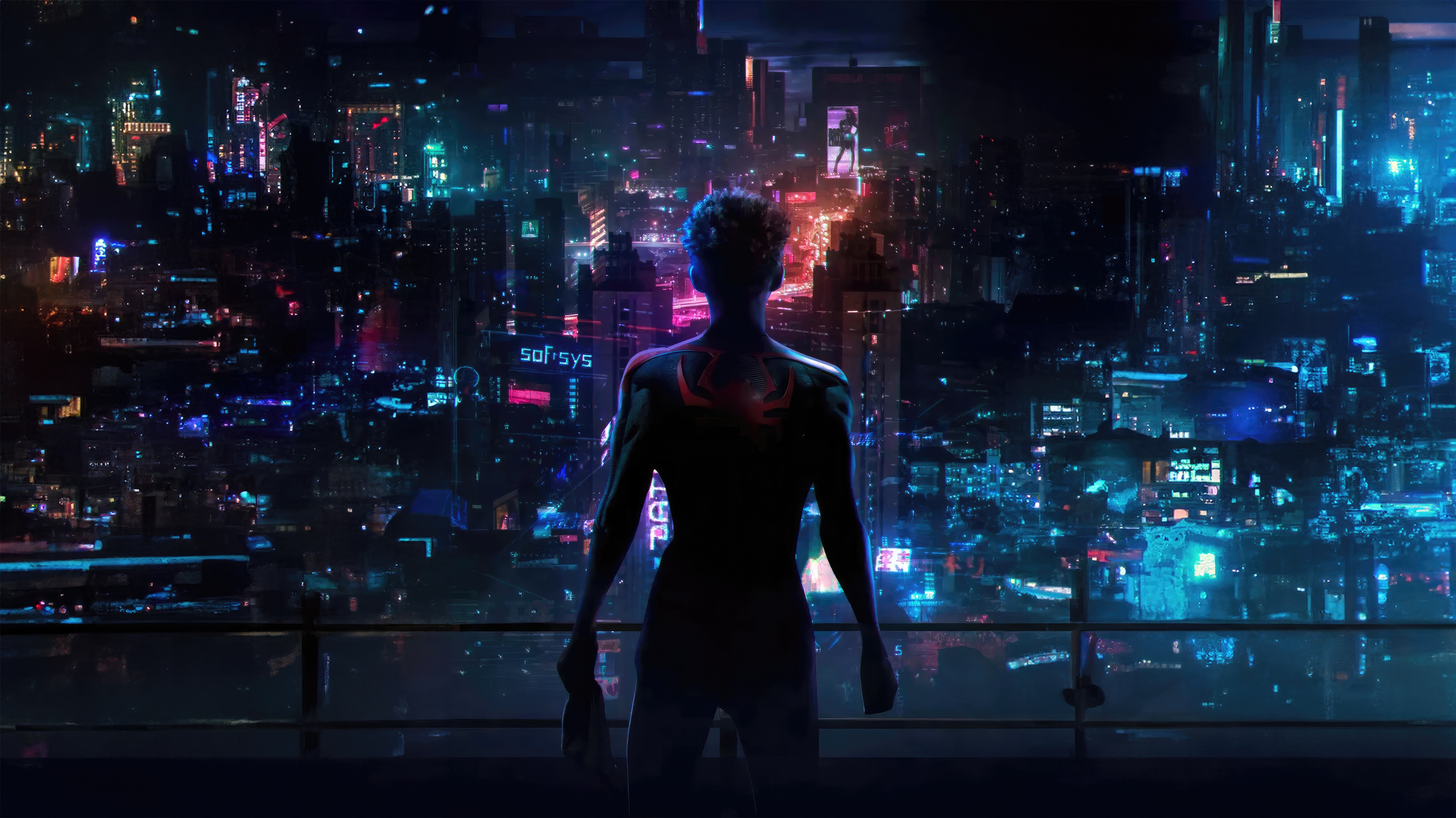 Miles Morales overlooking a neon city skyline HD Wallpaper