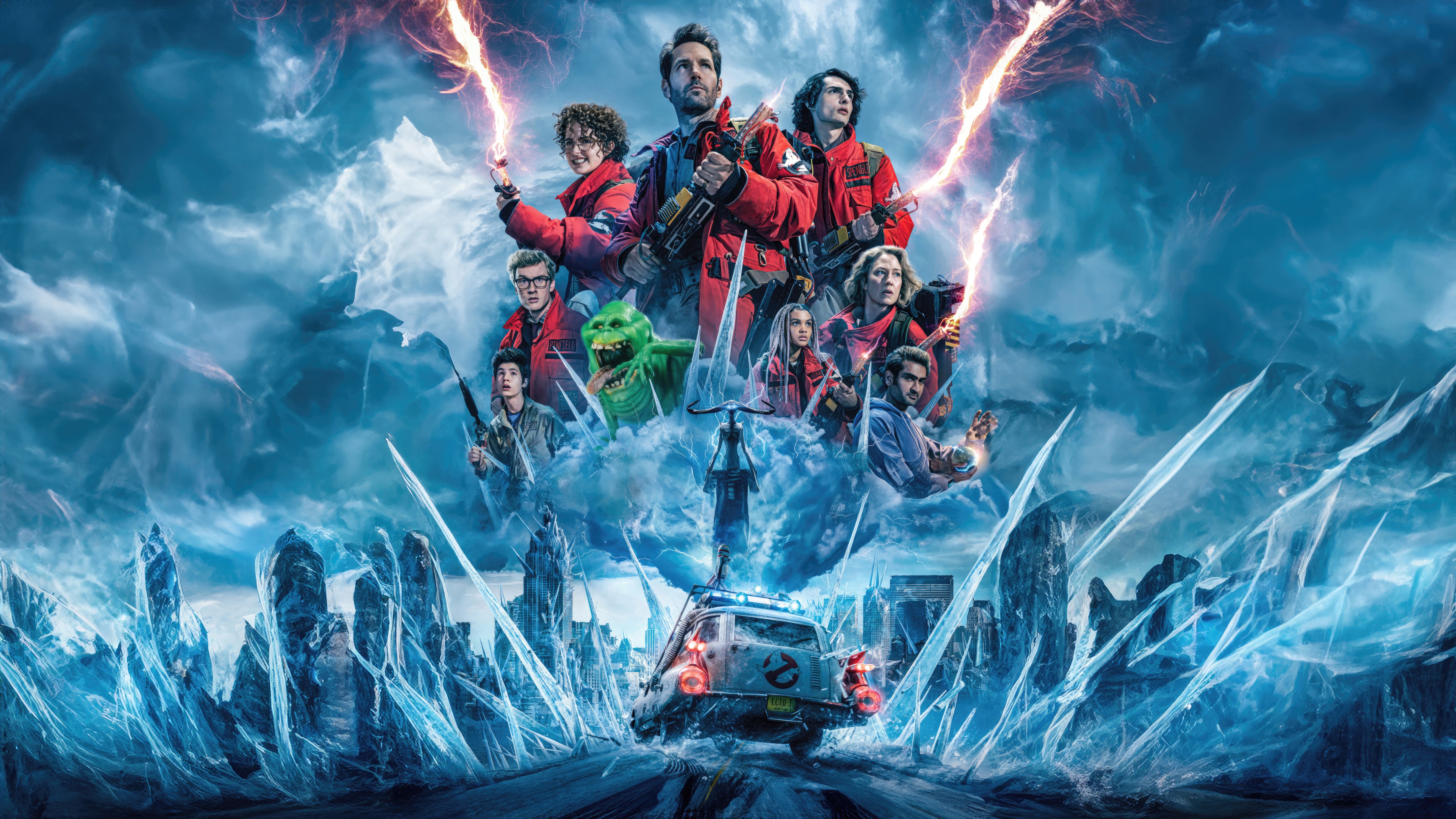 Ghostbusters Frozen Empire Poster with Characters and Ecto-1 HD Wallpaper