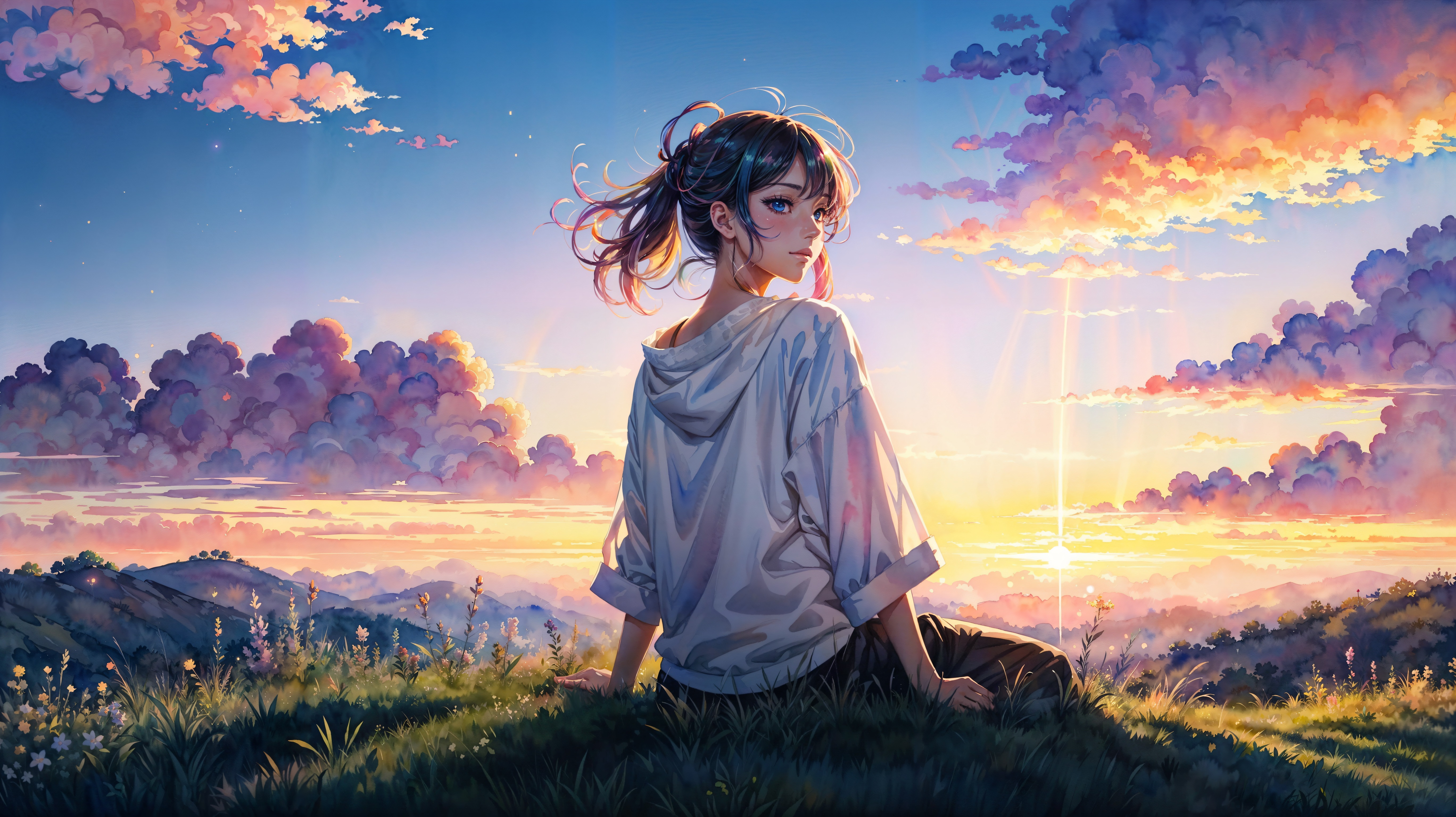 Anime girl sitting on a grassy hill at sunset HD Wallpaper