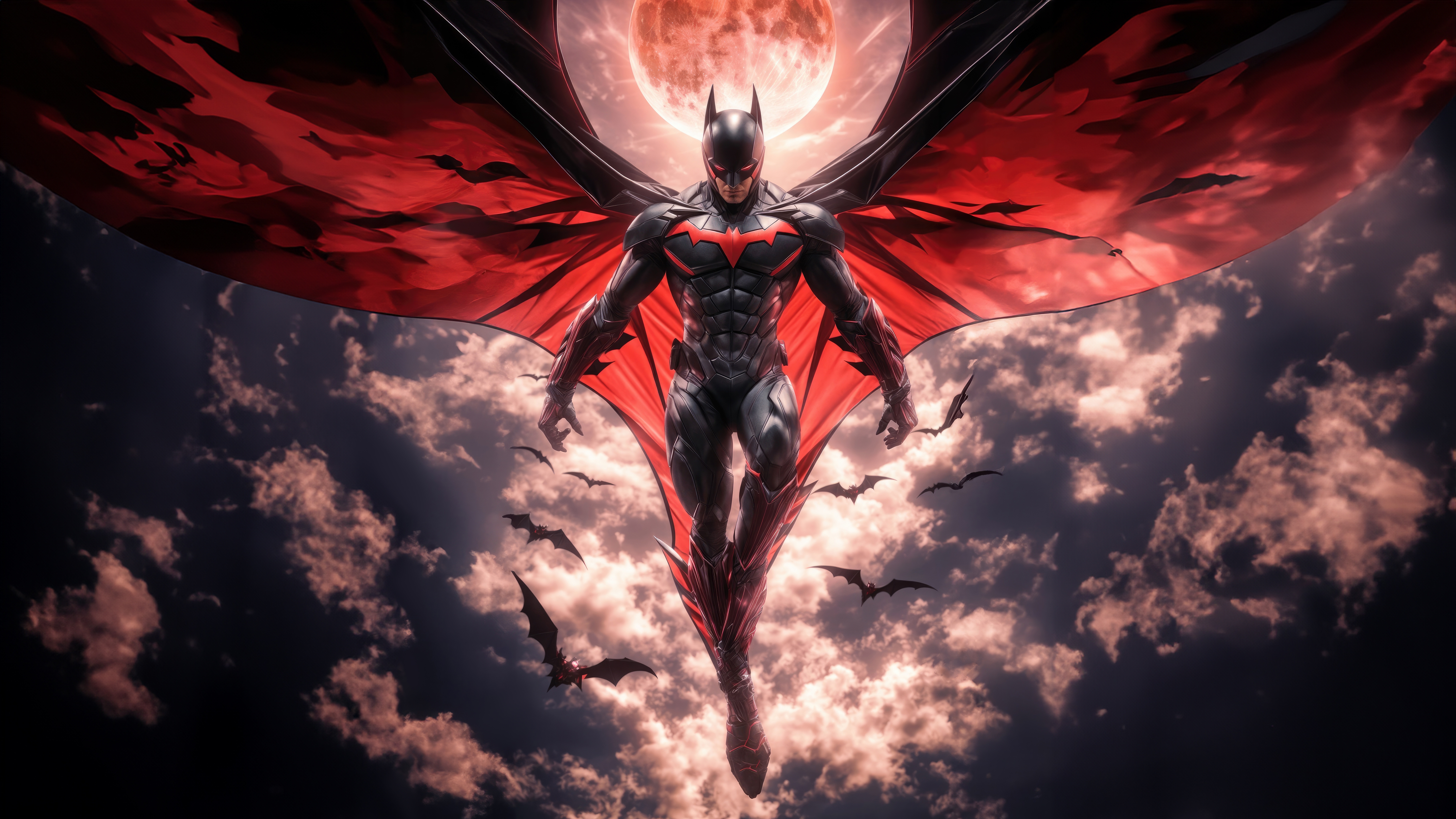 Batman Beyond Flying with Red Cape and Bats HD Wallpaper
