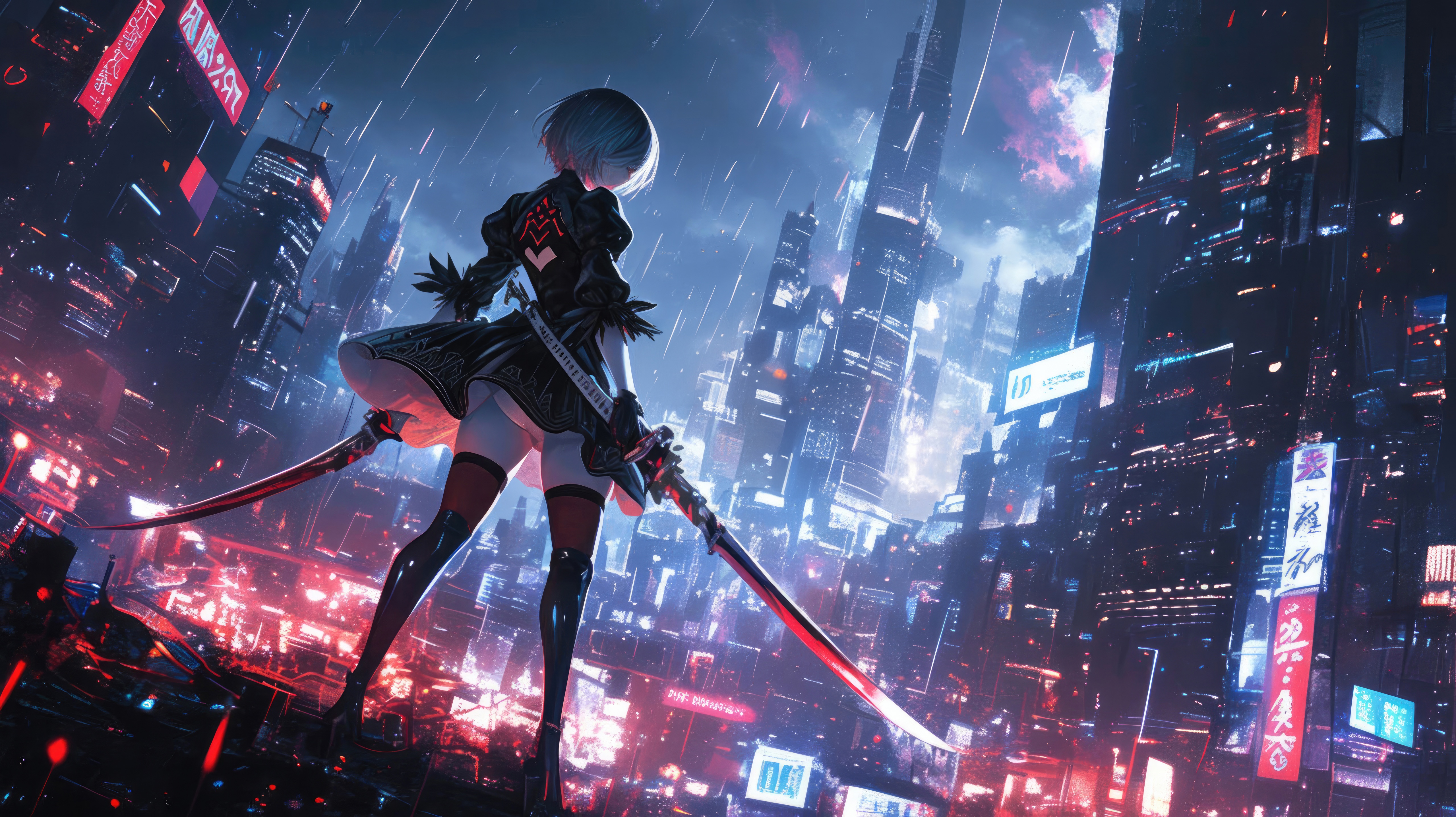 2B in a Rainy Cyberpunk City HD Wallpaper