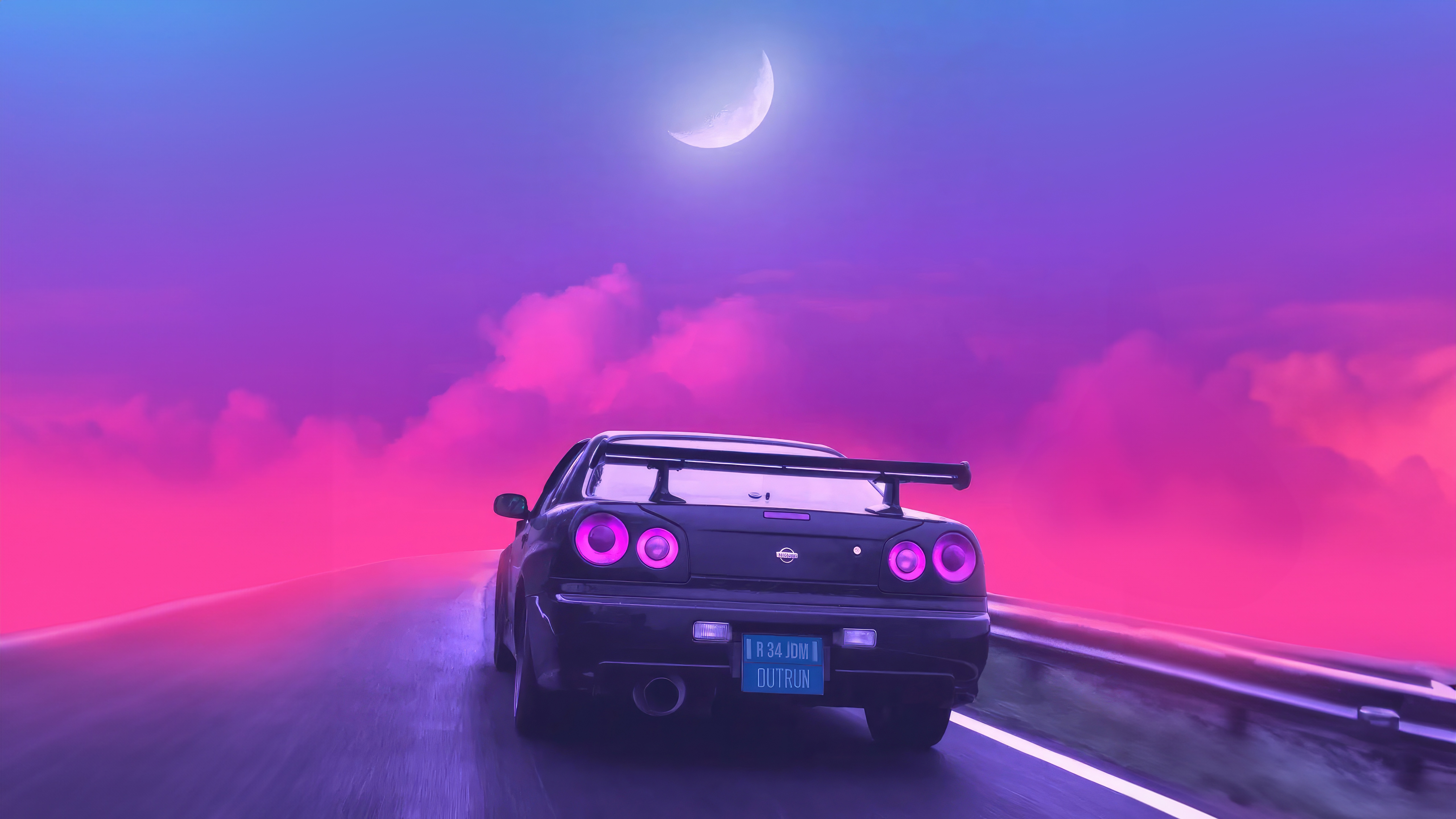 Nissan GTR driving on a road with a moon HD Wallpaper