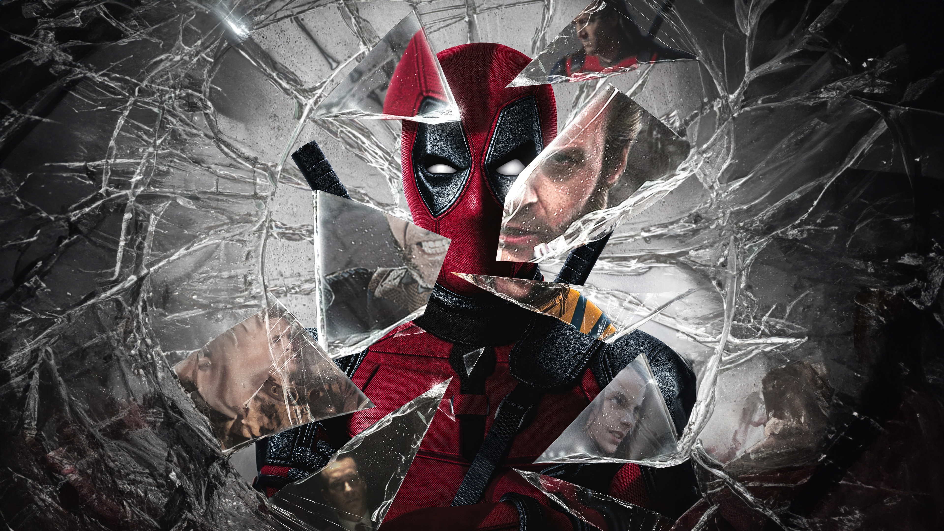 Deadpool and Wolverine through broken glass HD Wallpaper