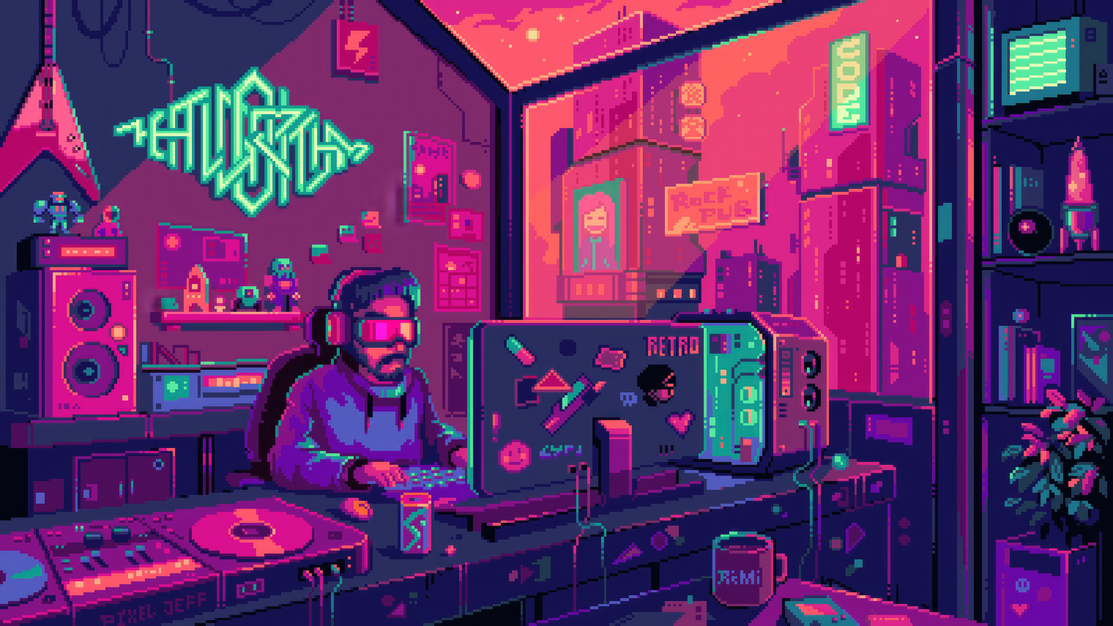 Pixelated programmer in a retro-futuristic room HD Wallpaper