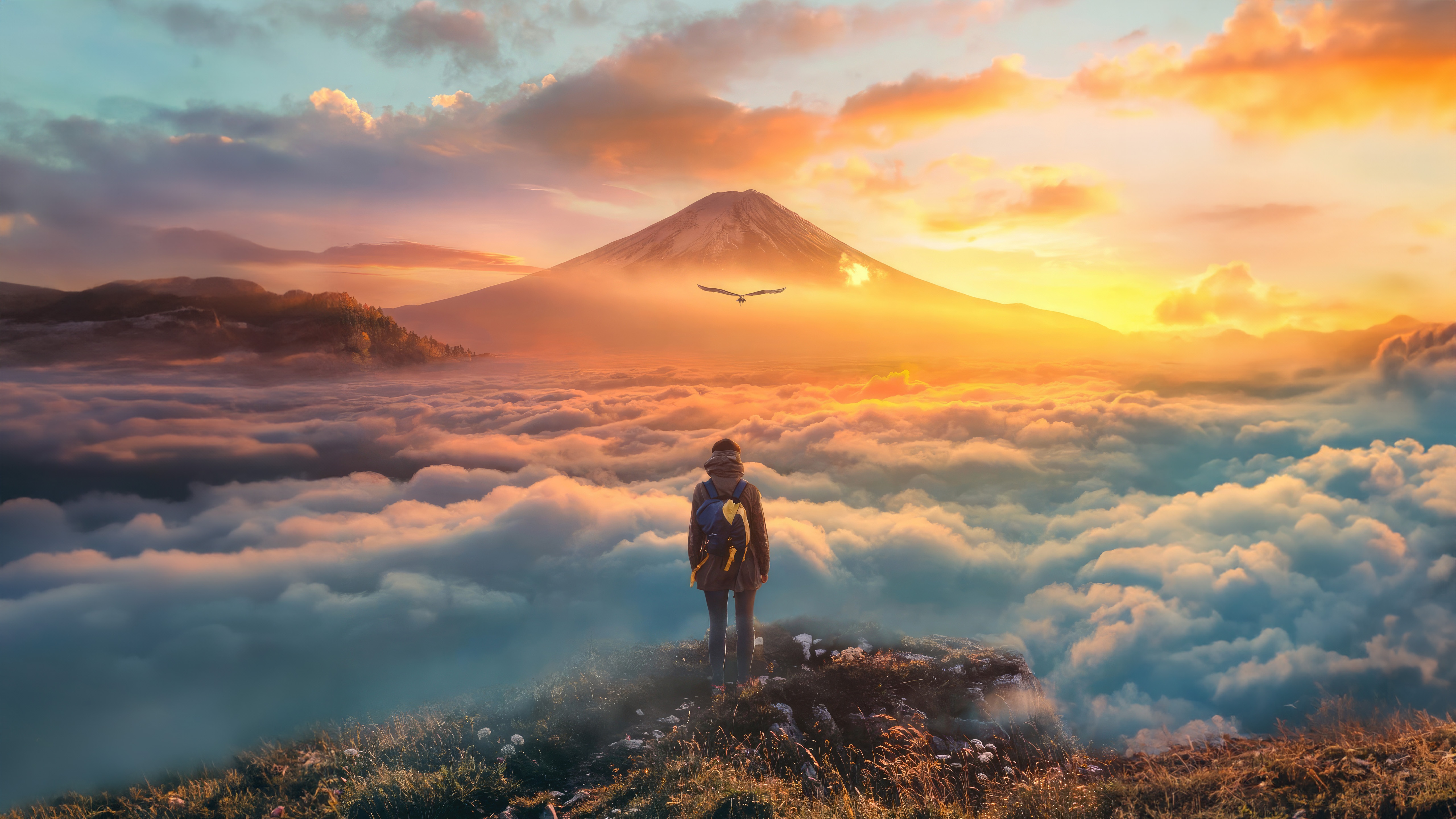 Person standing on a mountain overlooking clouds and Mount Fuji HD Wallpaper