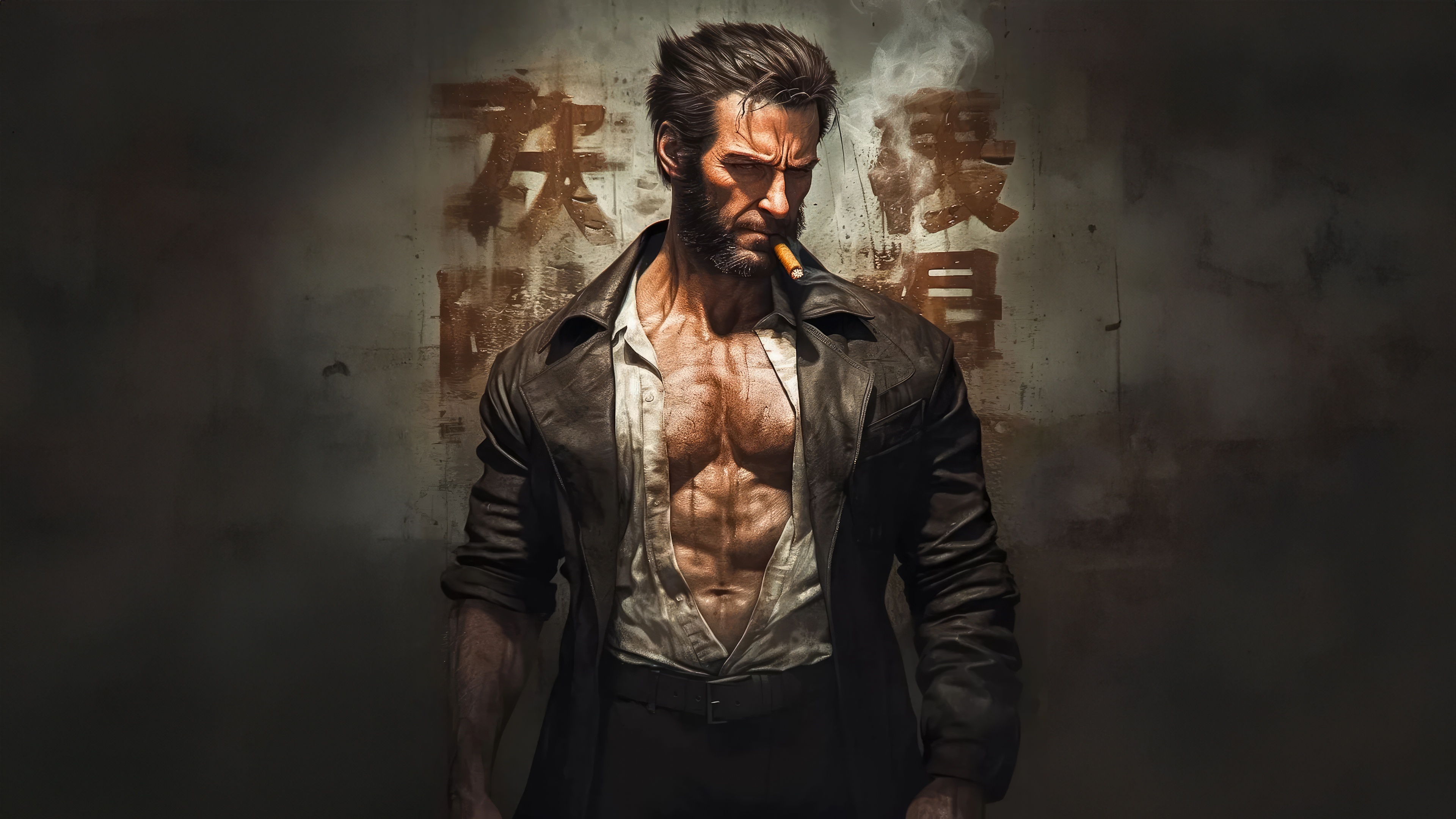 Wolverine smoking a cigar in front of Japanese calligraphy HD Wallpaper