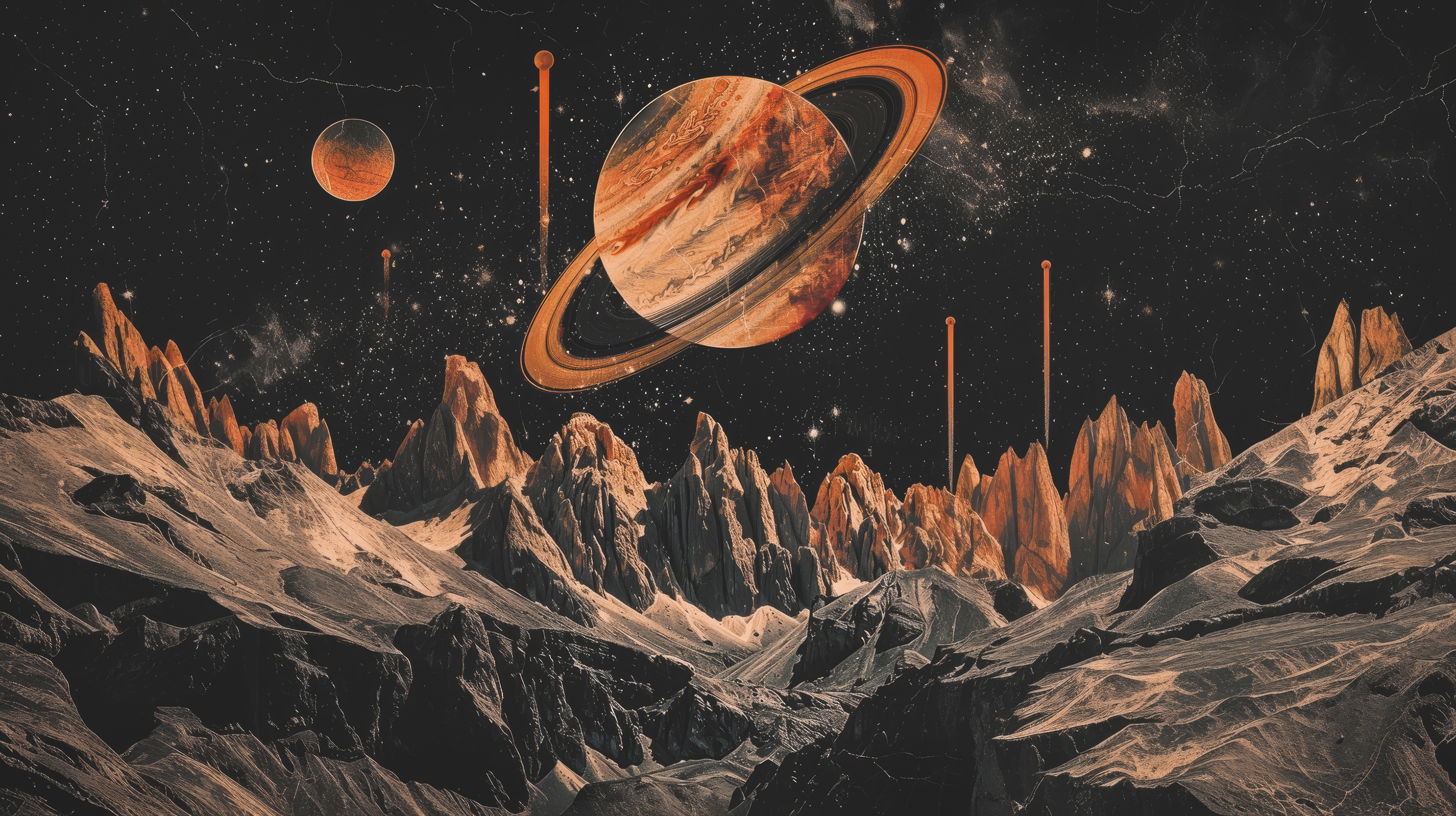 Saturn and a rocky alien landscape HD Wallpaper