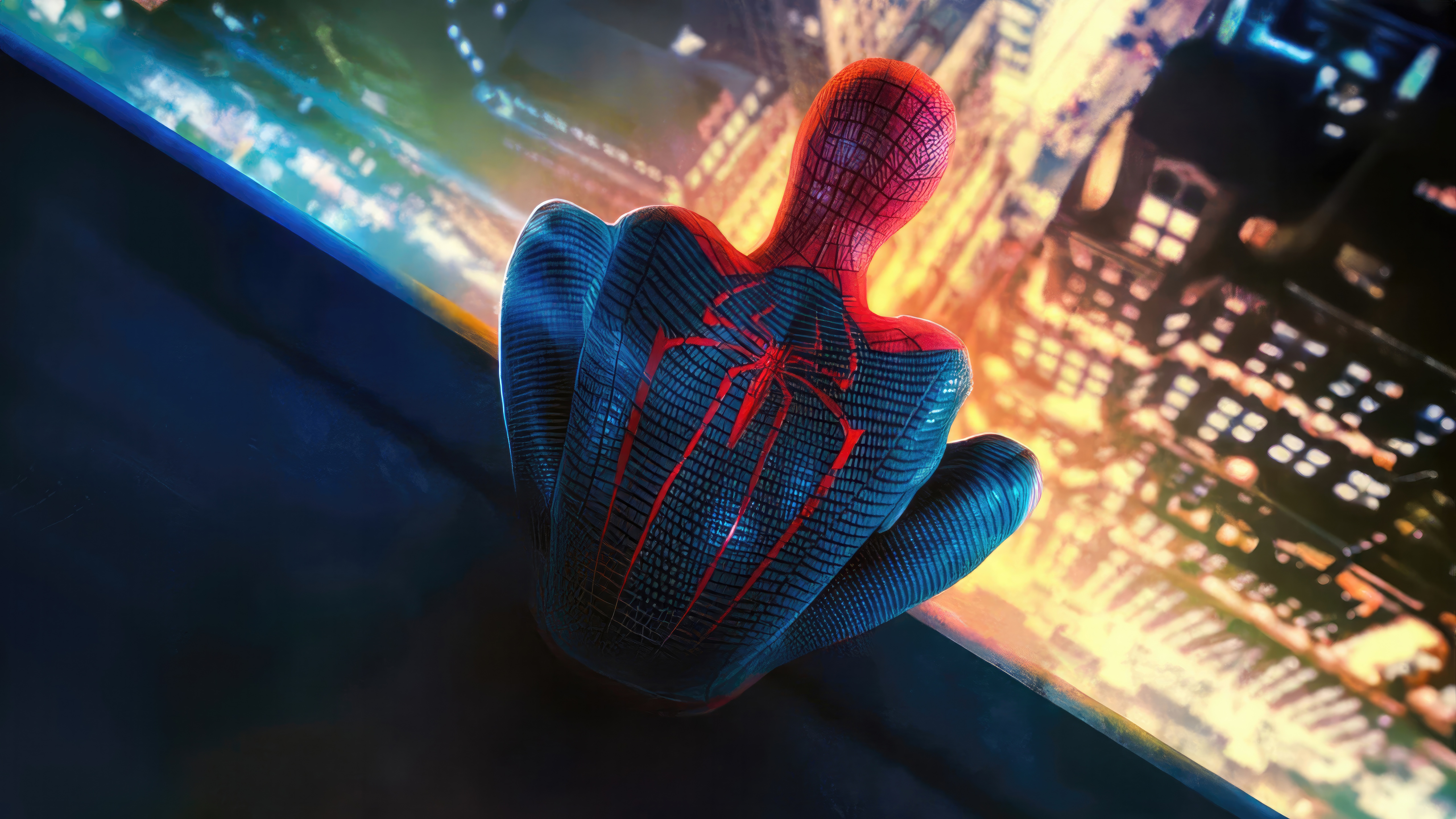 Spiderman sitting on a ledge overlooking a city HD Wallpaper