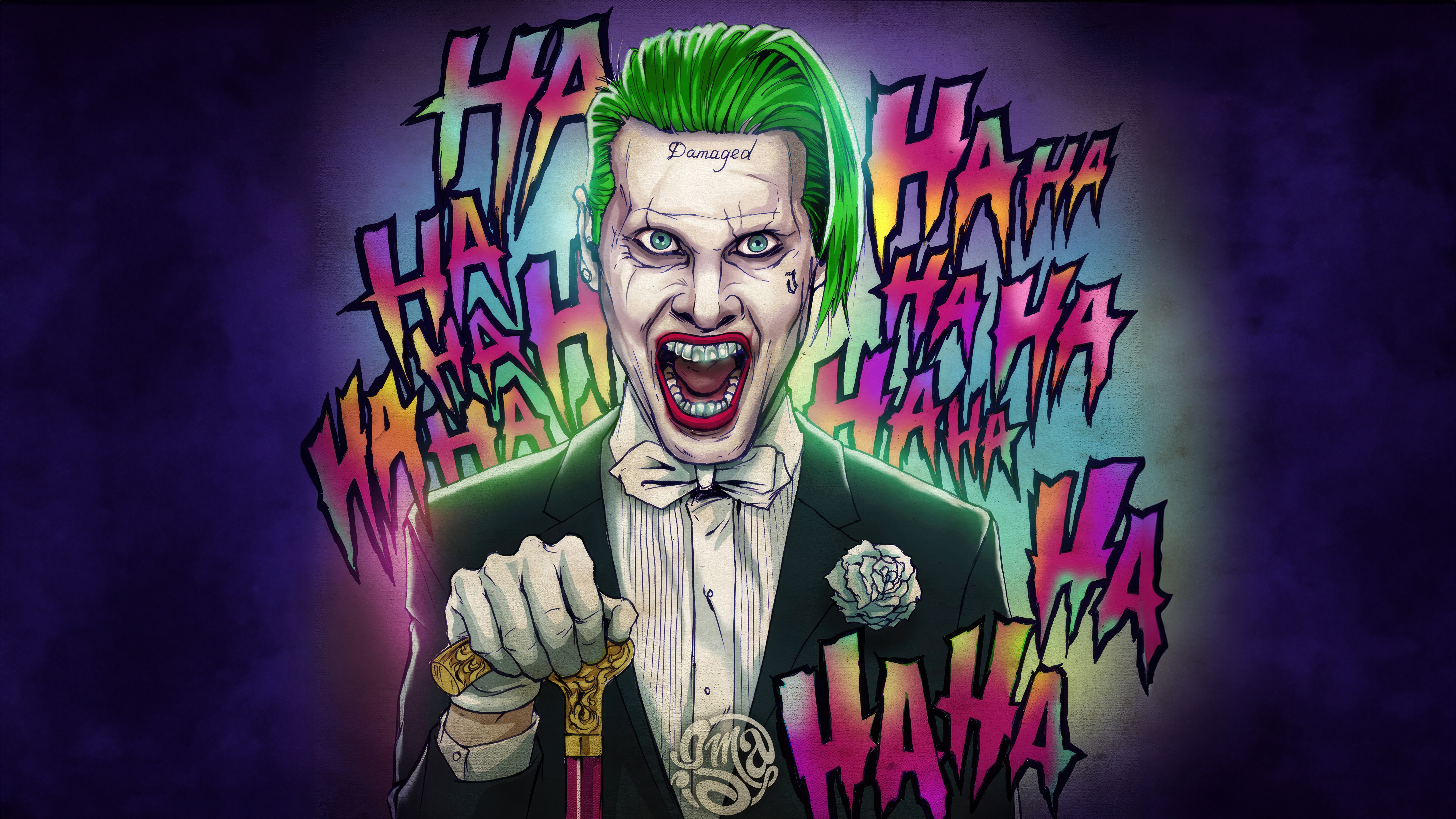 Jared Leto as the Joker with "HA HA" text HD Wallpaper