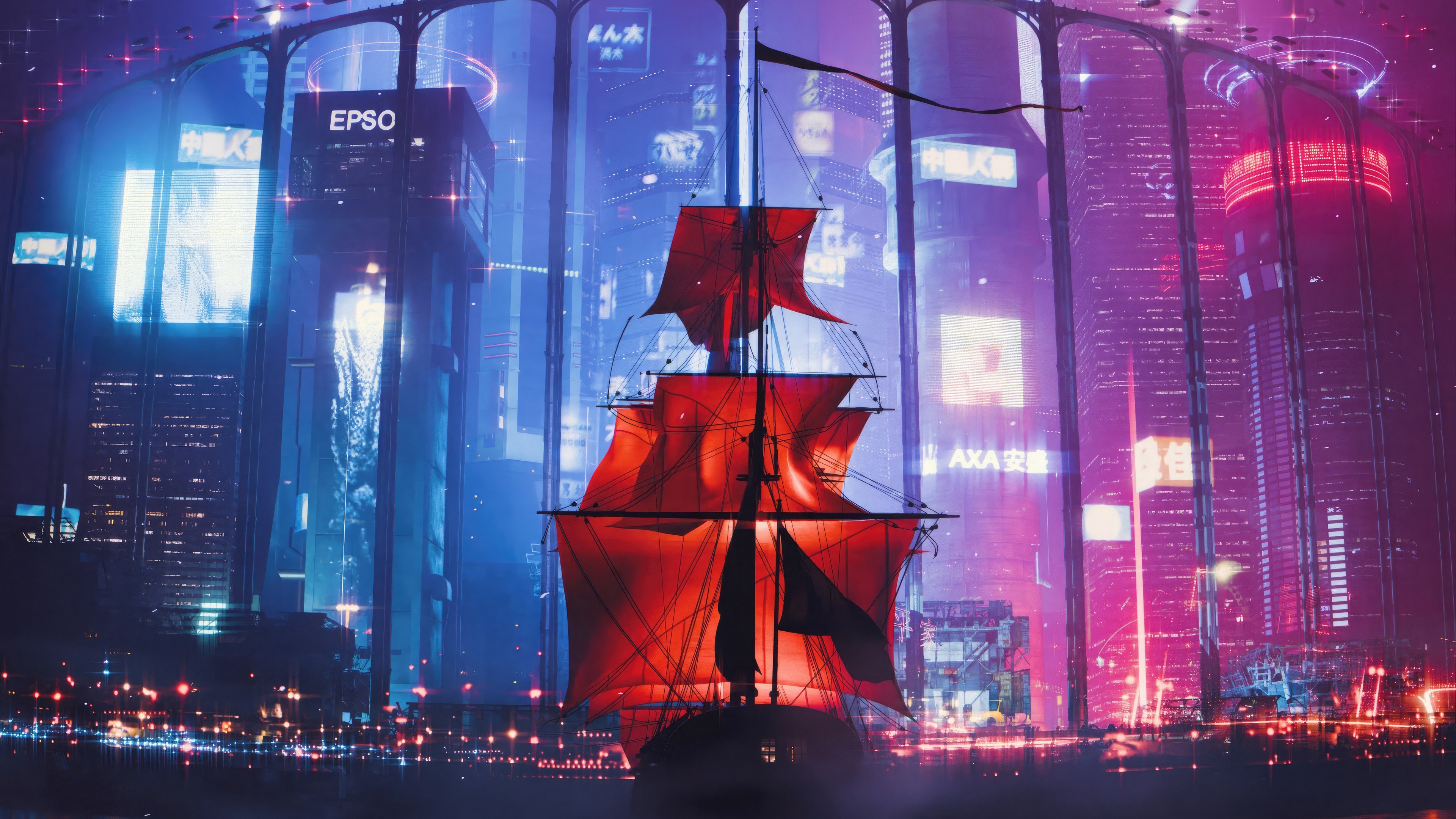 Sci-Fi Sailing Ship in a Neon City HD Wallpaper