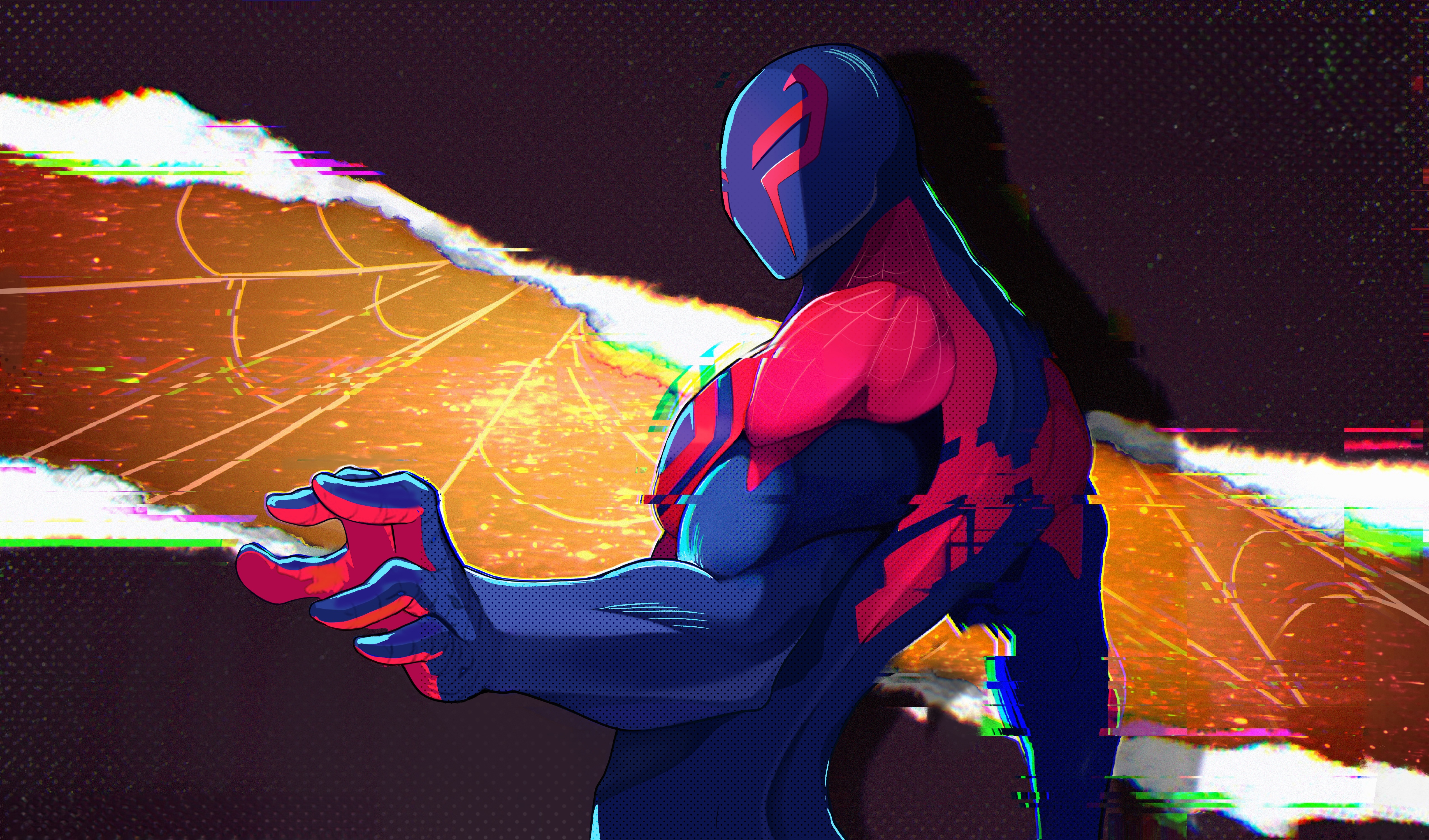 Spider-Man 2099 in a Glitched Cityscape HD Wallpaper
