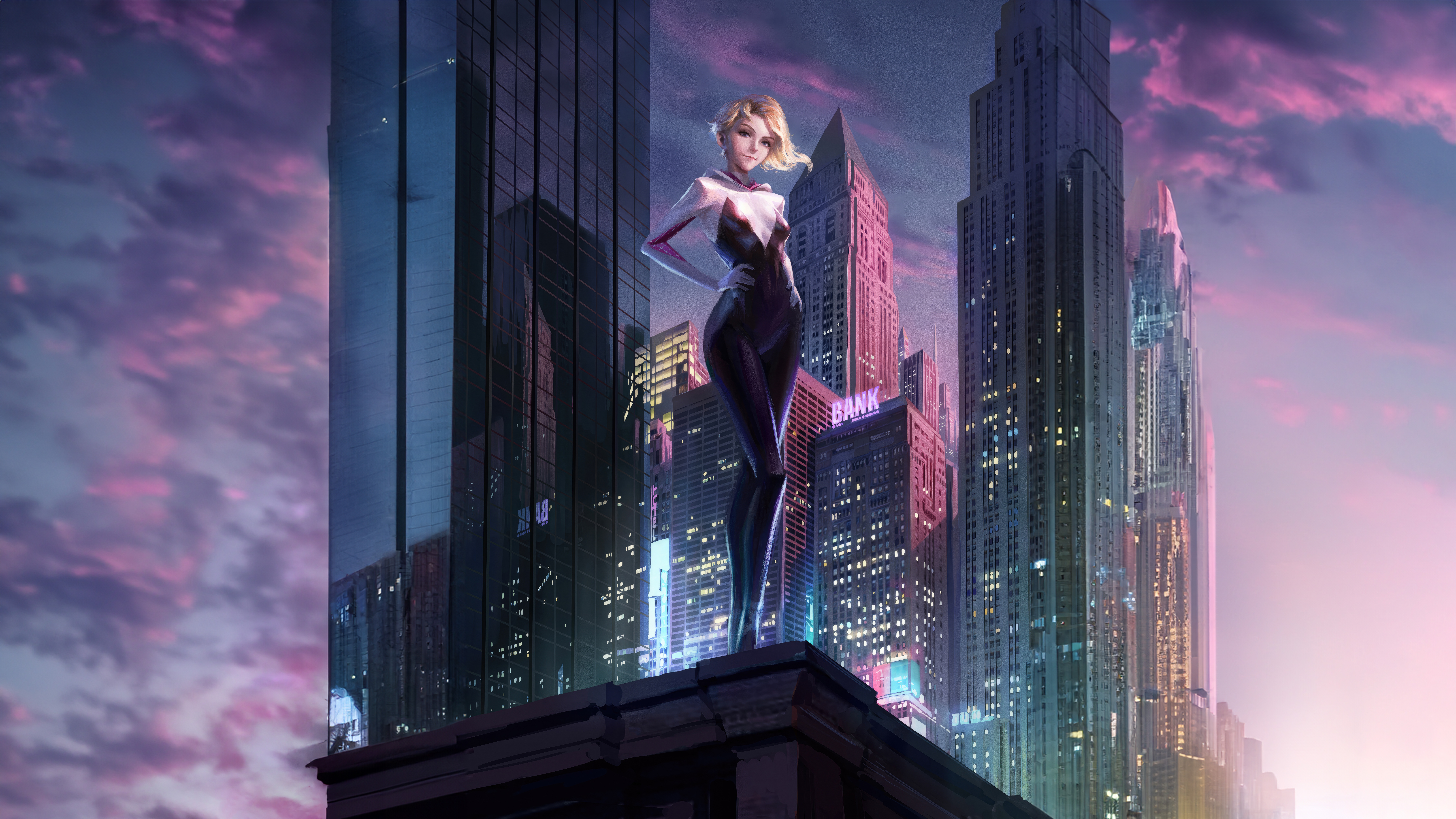 Gwen Stacy on a rooftop in a city HD Wallpaper