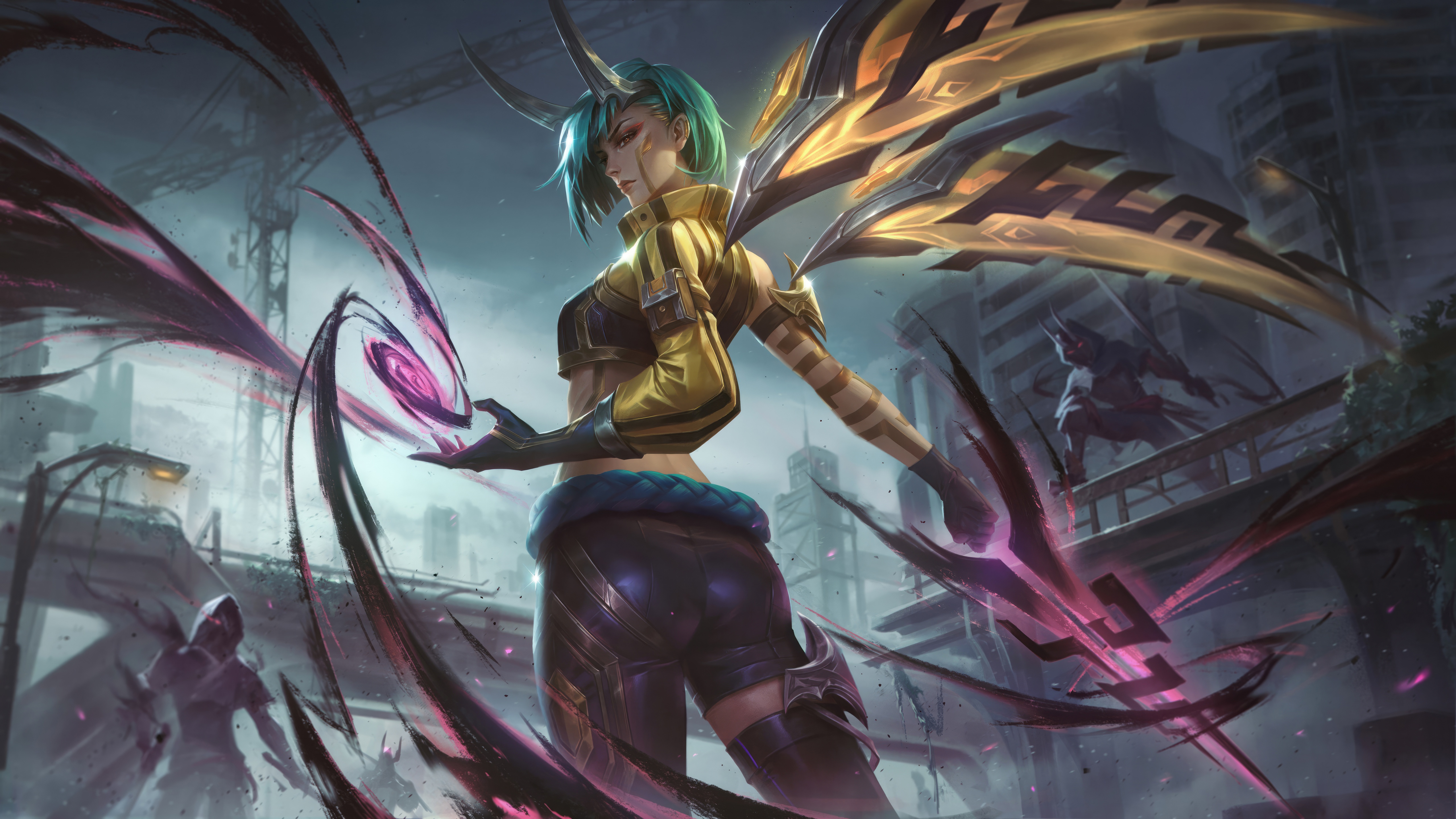 Kaisa with Golden Wings and Shadow Tendrils in Cityscape HD Wallpaper